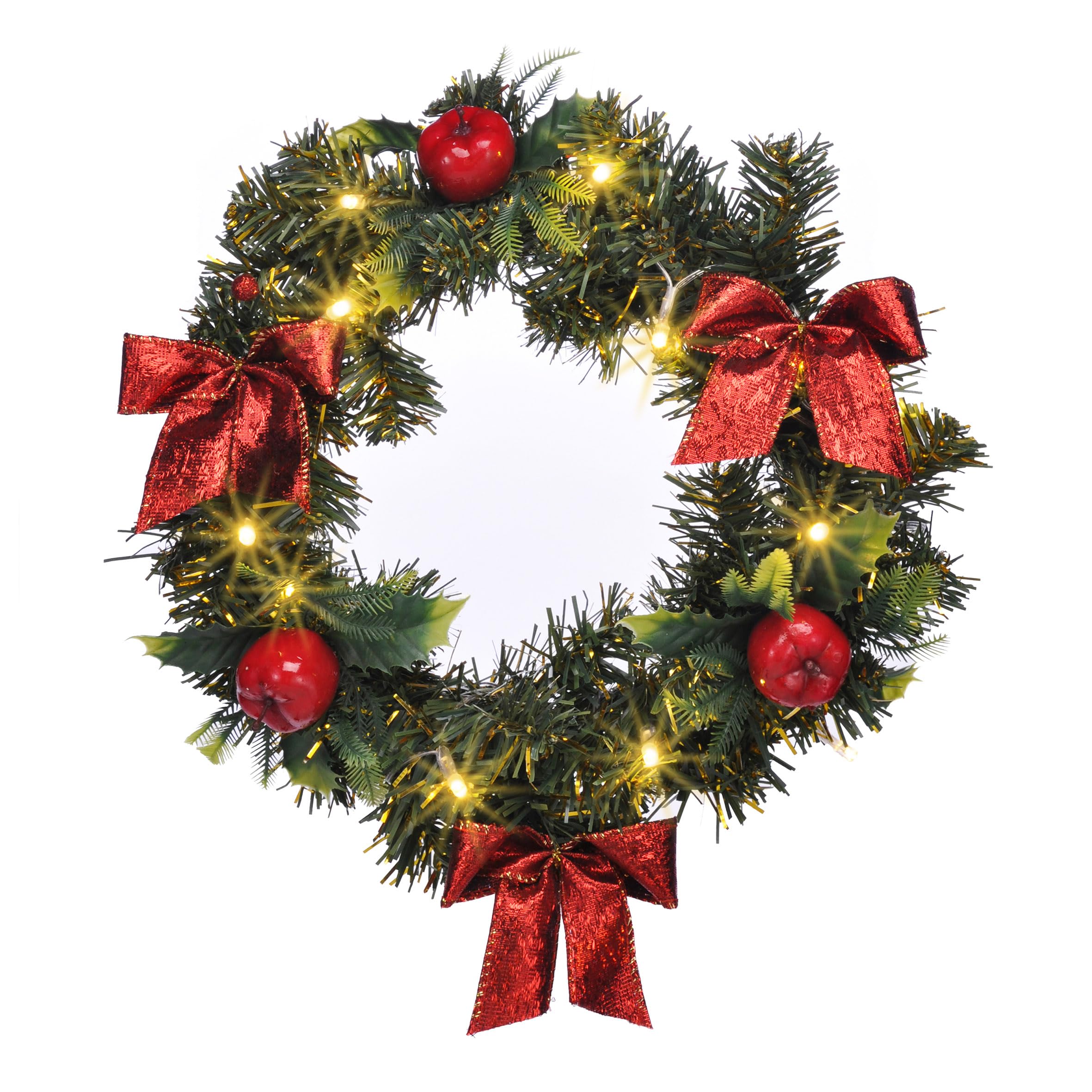 LED Kunst Tannenkranz grün warm weiß beleuchtet mit Timer - Ø 28 cm - Weihnachtskranz mit Dekoration Batterie betrieben - Weihnachten Advent Winter Deko Türkranz Tischkranz