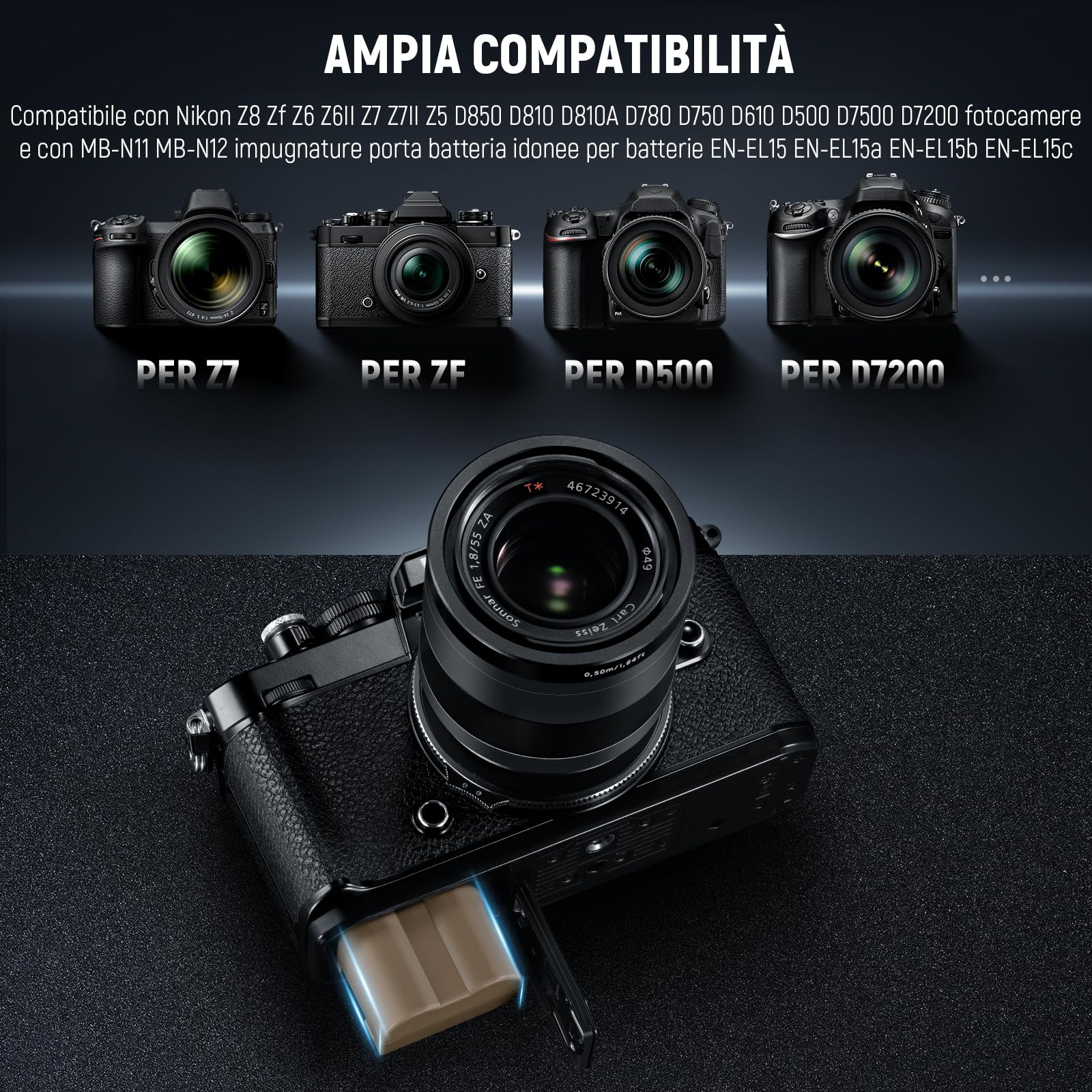 NEEWER EN-EL15c Batteria Sostitutiva 2400mAh per Nikon Zf Z8 Z7 II Z6 II Z5, 1,9 Ore di Ricarica Completa con Ricarica Rapida USB Tipo C Compatibile con Nikon D850 D810 D780 D750 D610 D500 D7500 D7200