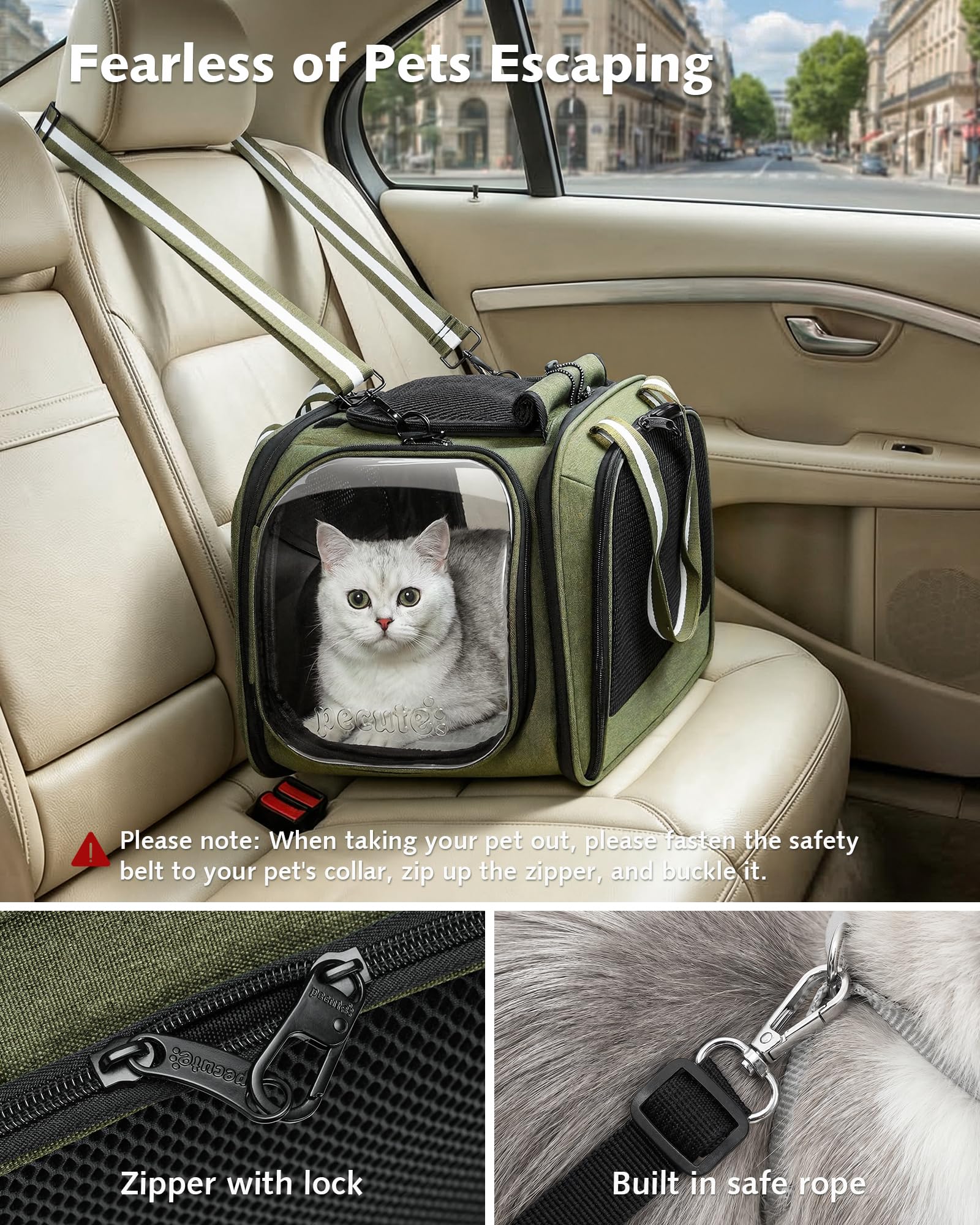 Pecute Sac Transport Chat Grande Capacité, Sac De Transport pour Chat Respirant, Stransport À Bulles pour Chats Curieux, Sac De Transport pour Chien, Vert, M