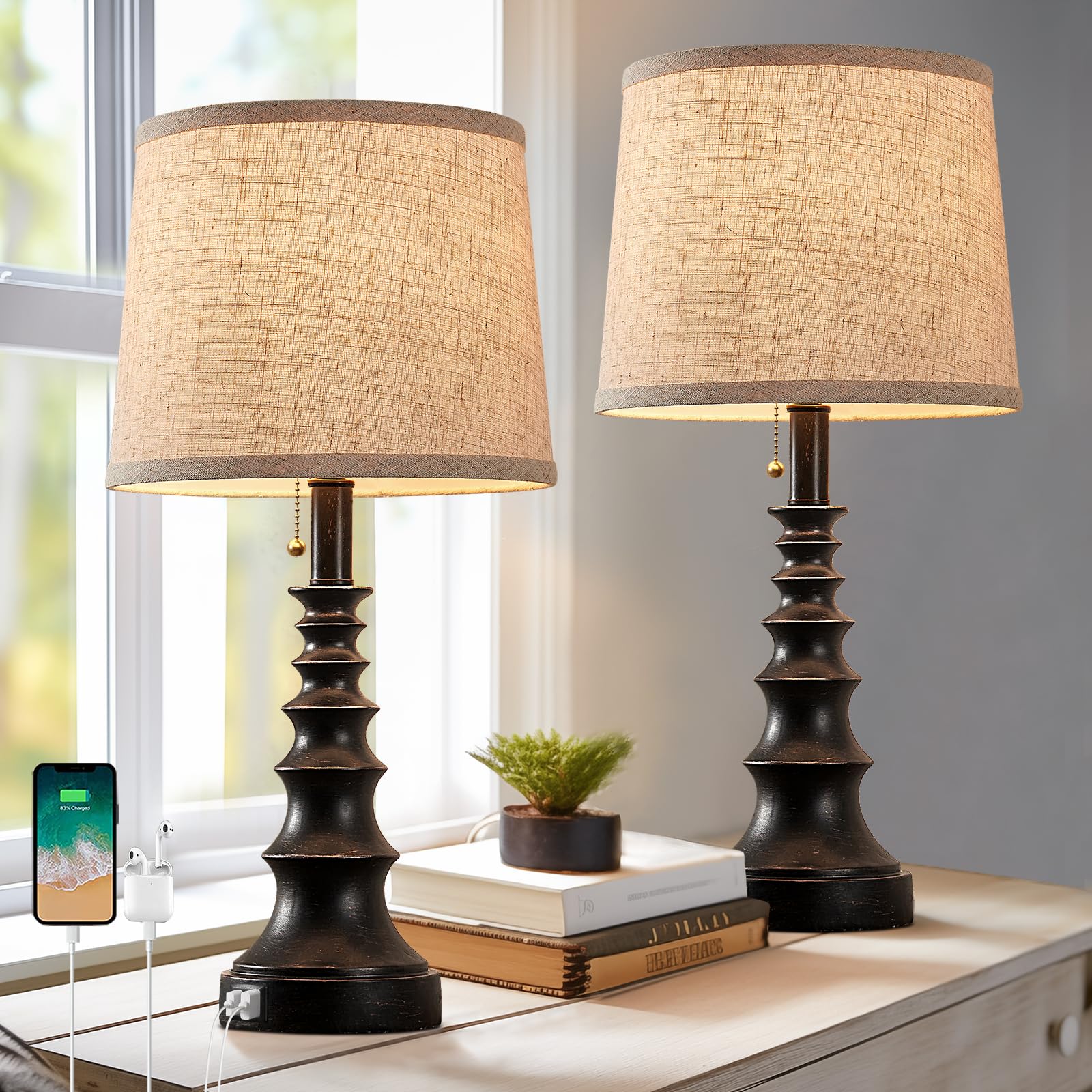 BOOUCUU Bedside Table Lamps Set of 2 Rustic Farmhouse Bedroom Lamps for ...