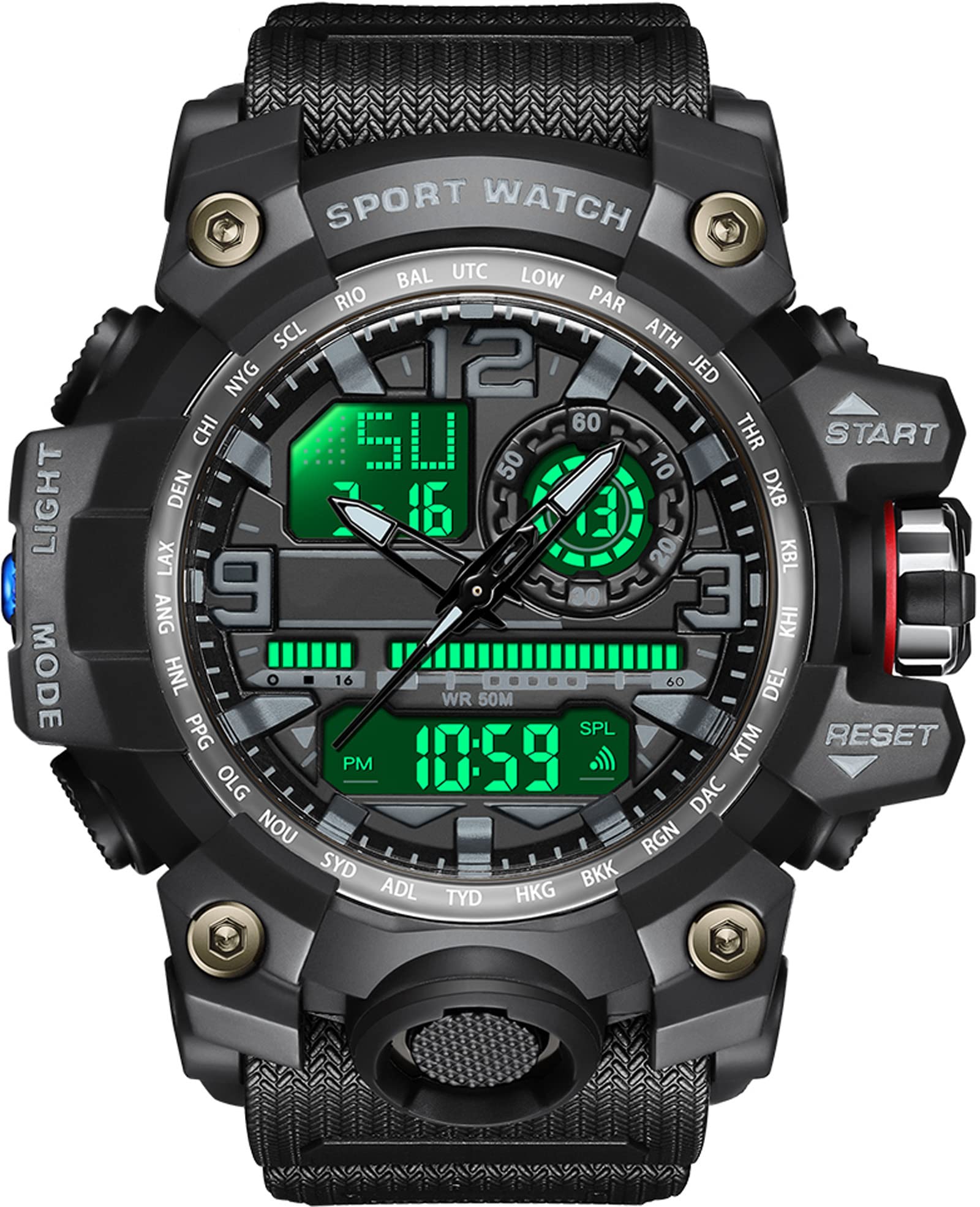 findtime Orologio militare grande da polso da uomo, analogico, digitale, 5 ATM, impermeabile, orologio tattico sportivo con sveglia, data 12/24H, cronometro a LED, per uomini e ragazzi, cinturino in