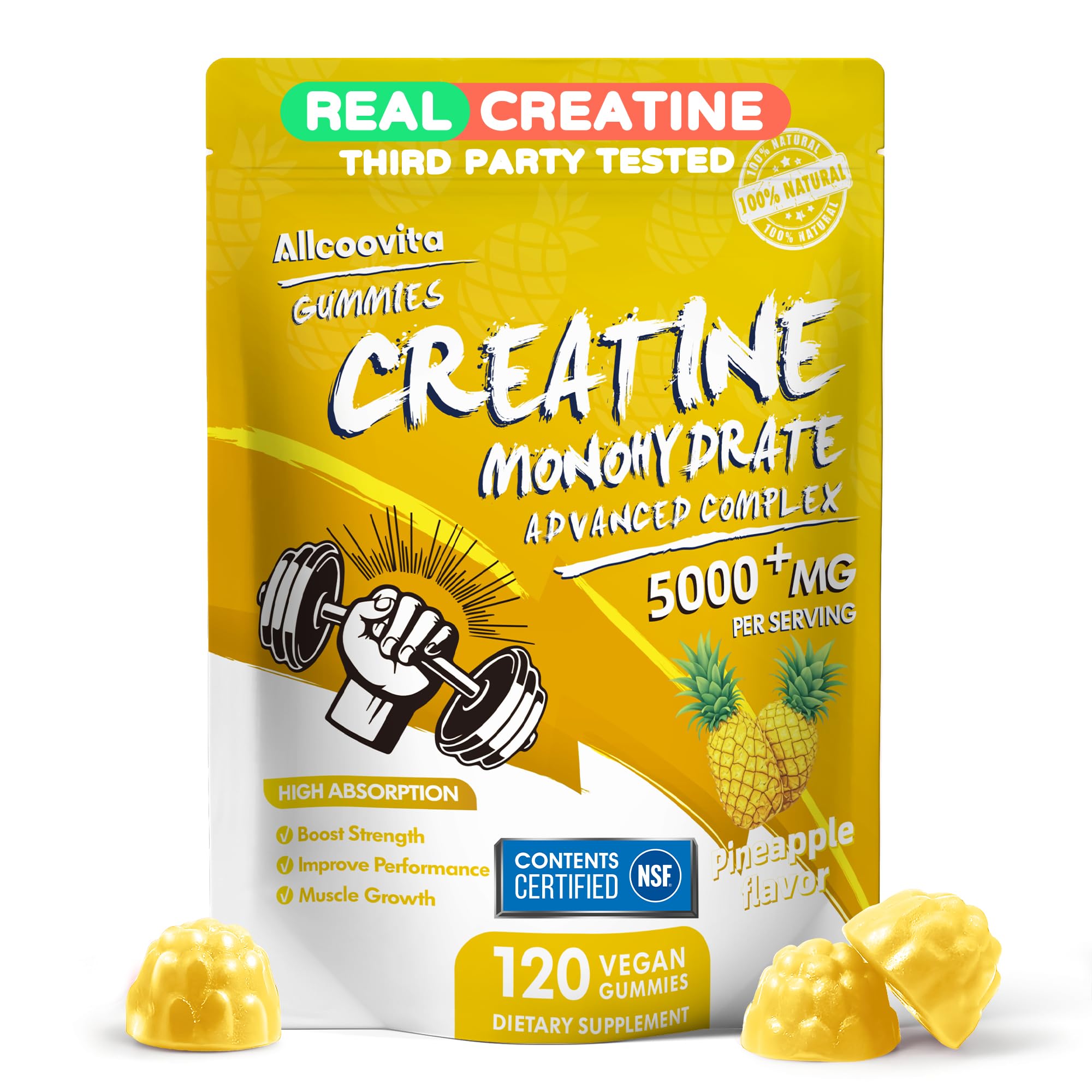 NSF Certified Creatine Gummy - Creatine Monohydrate Gummies 5000mg for Men & Women -120 Gummies Advanced Formula, Muscle Strength, Muscle Builder, Energy Boost, Pre-Workout Supplement-Pineapple Pineapple 120 Count (Pack of 1)