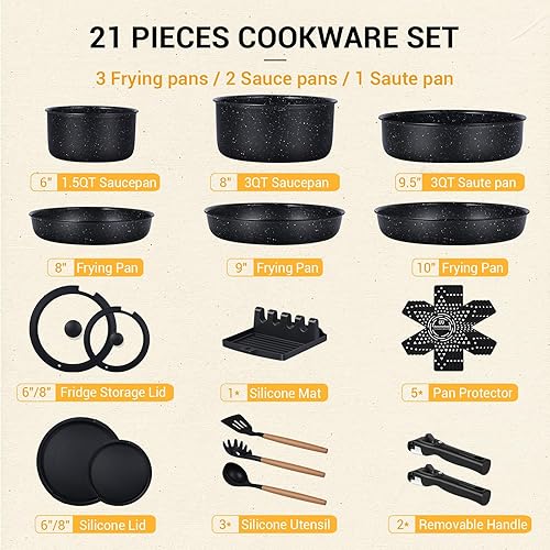 Miniatura 7 de Ammeloo 21pcs Ceramic Pots and Pans Set Non Stick with Detachable Handles and Egg Frying Pan & 21 Pcs Pots and Pans Set with 3 Frying Pans