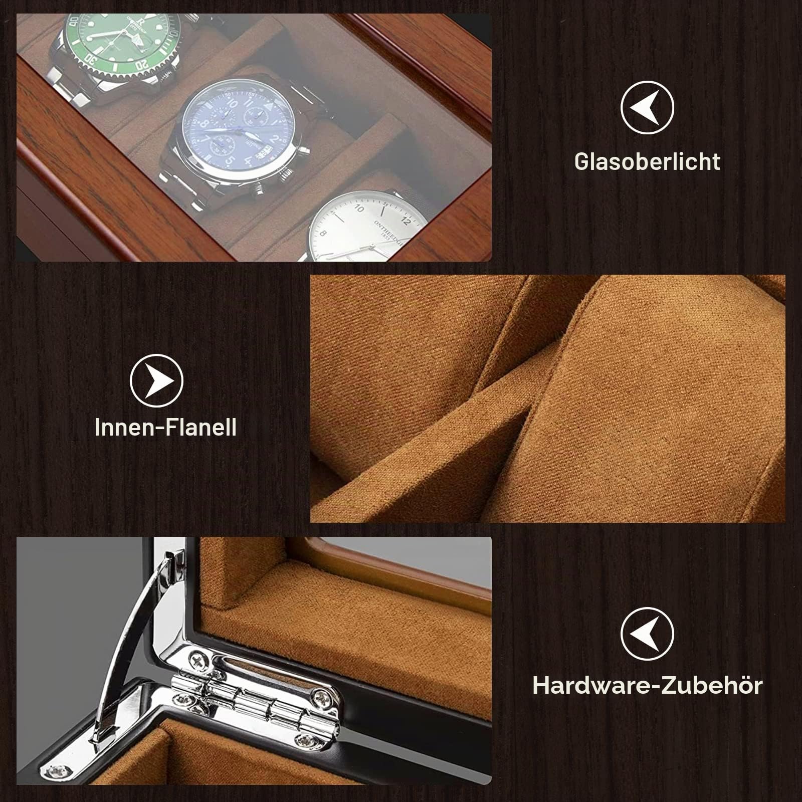 Uhrenbox 5 Uhren, Watch Box Holz, Geschenke für Männer/Frauen/Vater | Uhrenaufbewahrungsbox für Ausstellung/Sammlung/Aufbewahrung, Uhrenbox Massivholz/HD-Glasabdeckung/Herausnehmbaren Uhrenhalter