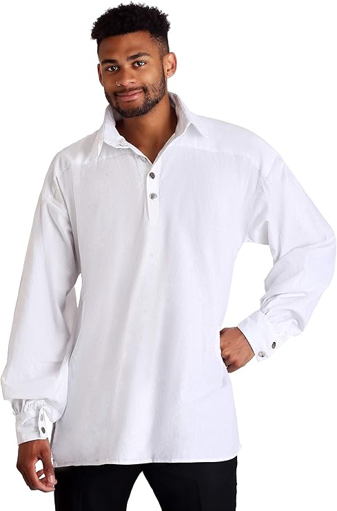 Men's White Renaissance Shirt - Cotton Broadcloth with Button Cuffs & Billowy Sleeves
