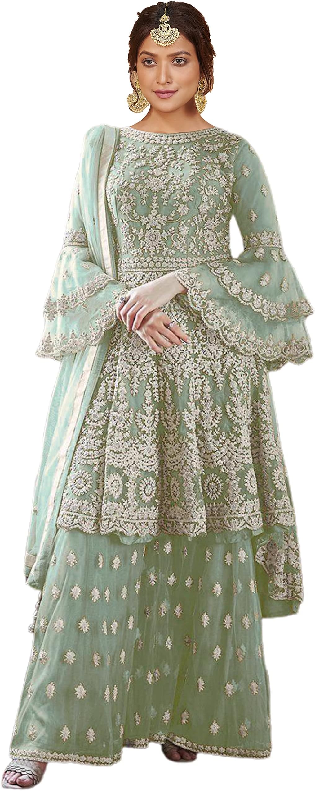 Miss EthnikWomen's Beige Net Semi Stitched Top With Stitched Net Bottom and Net Dupatta Embroidered Flared Top Dress Material (Kurta Palazzo Set) (D-1027)_Free Size