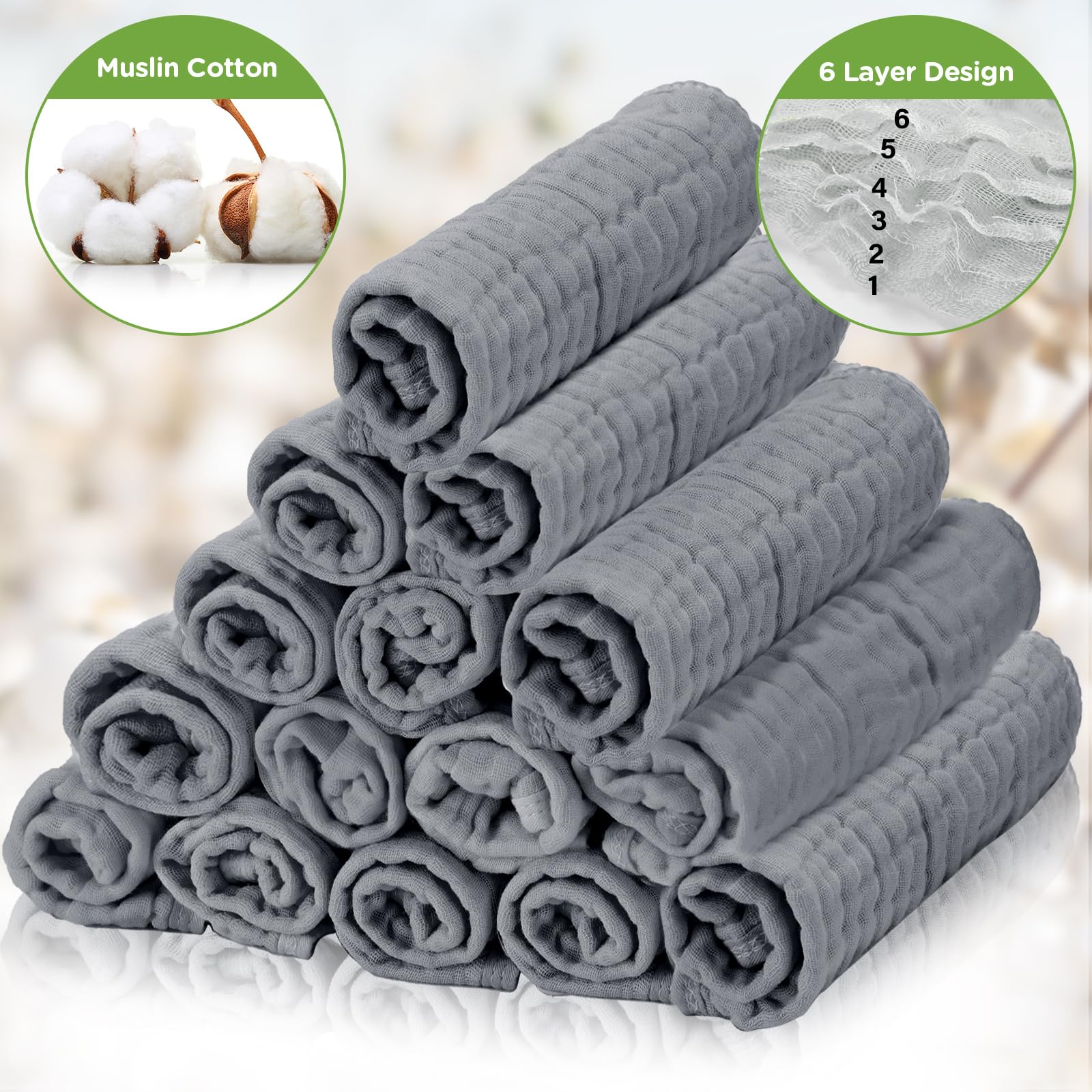 Breling 20 paños de Muselina para bebé, de algodón Natural, Suaves, para recién Nacidos, absorbentes para Piel Sensible, 12 x 12 Pulgadas (Gris)