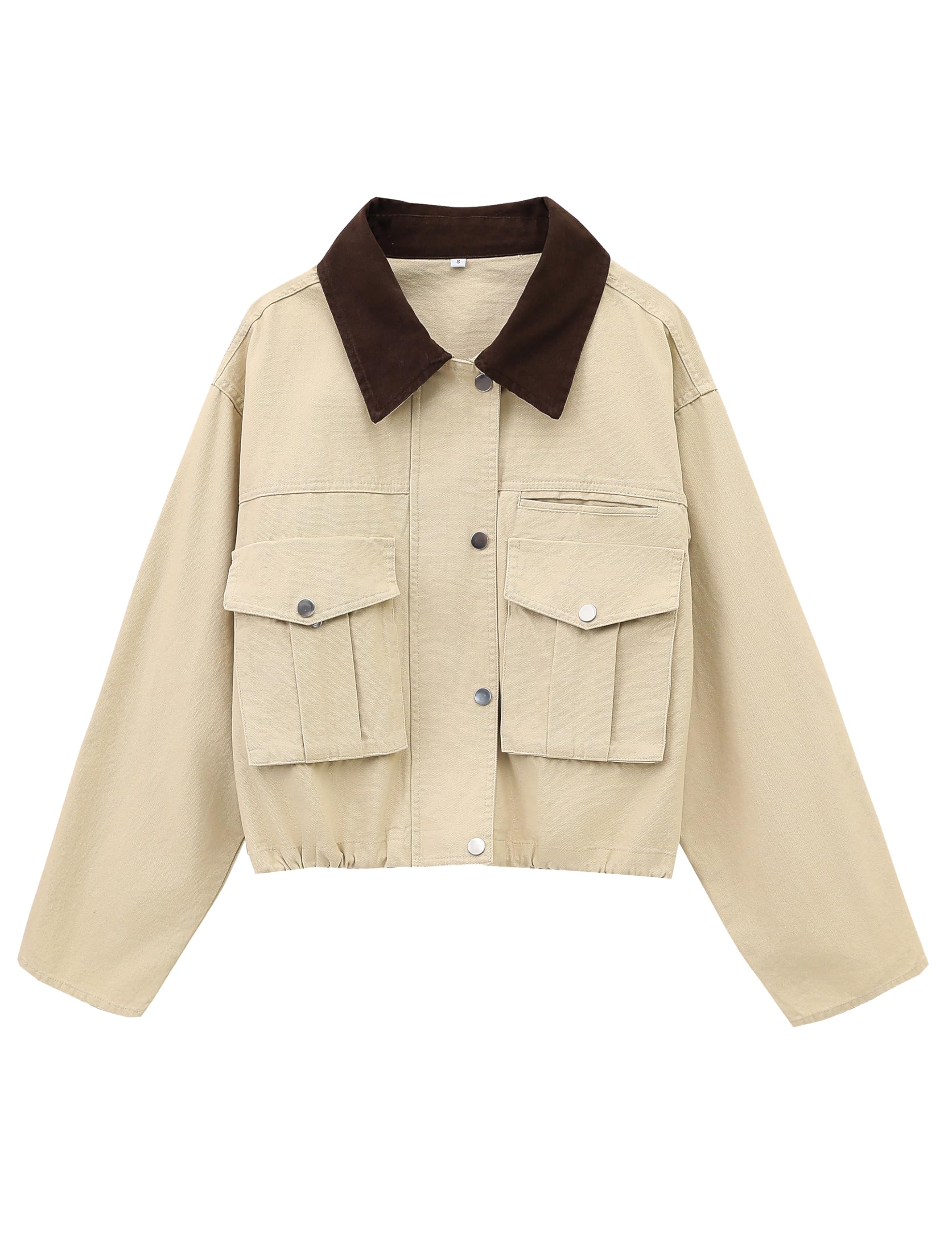 Womens Cropped Jacket Contrast Collar Utility Coat Cargo Jacket Barn Jacket Outwear with Pockets