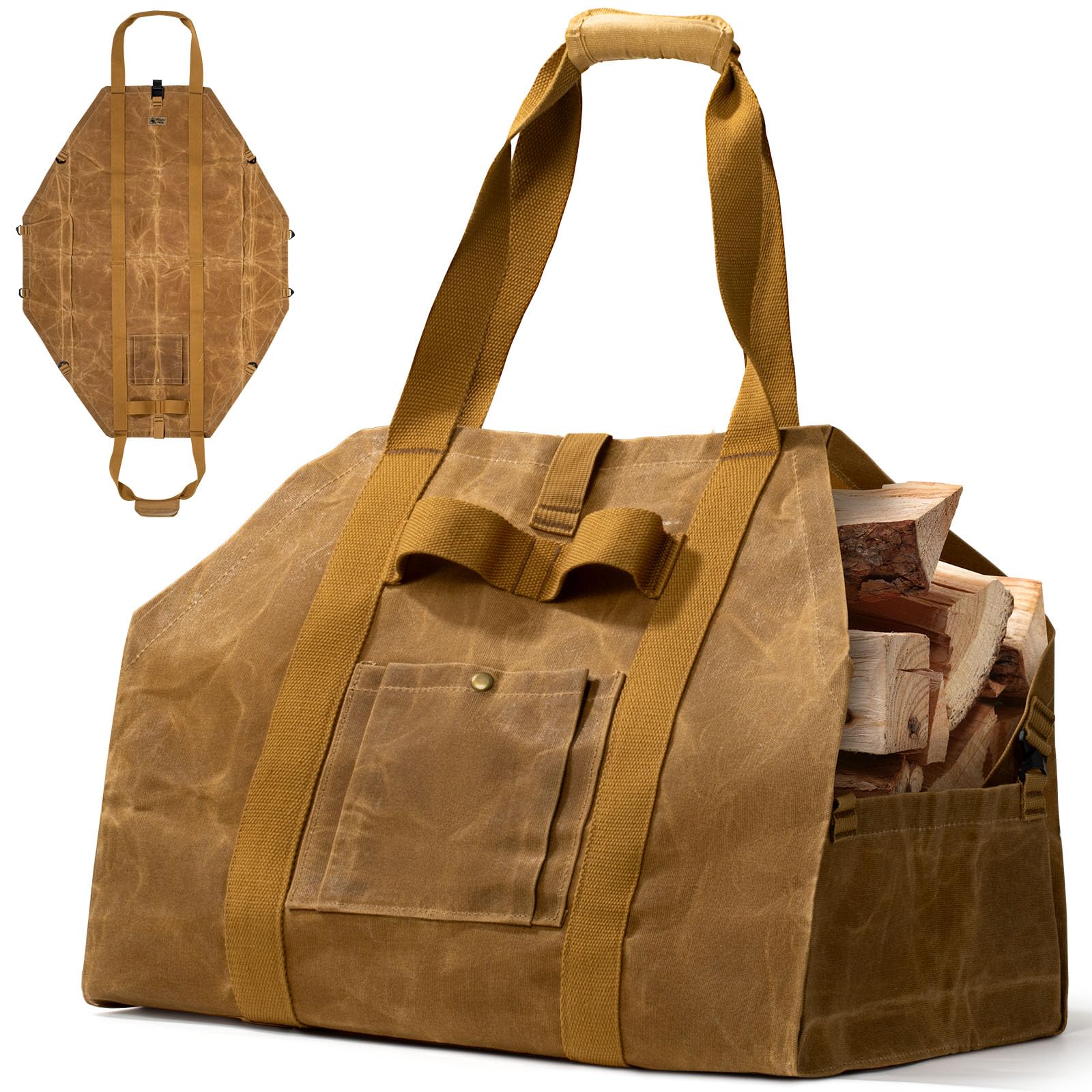 OneTigris Firewood Carrier, 2-in-1 Firewood Log Carrier Bag, Waxed Canvas Firewood Tote Carrier Extra Large Firewood Carriers with Handles for Fire Pit, Camping, Wood Stove, BBQ Barbecue