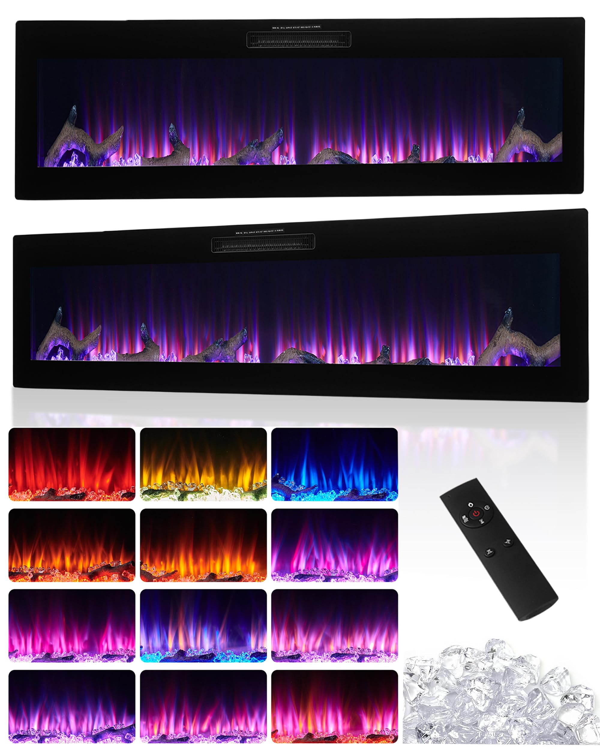 42"/50"/60" Electric Fireplace 750W/1500W Heater Recessed/Wall Mounted Fire Places Low Noise Linear Fireplace with Remote Control/Touch Screen 12 Colours Flame Effect with Logs, Black (50in/127cm)