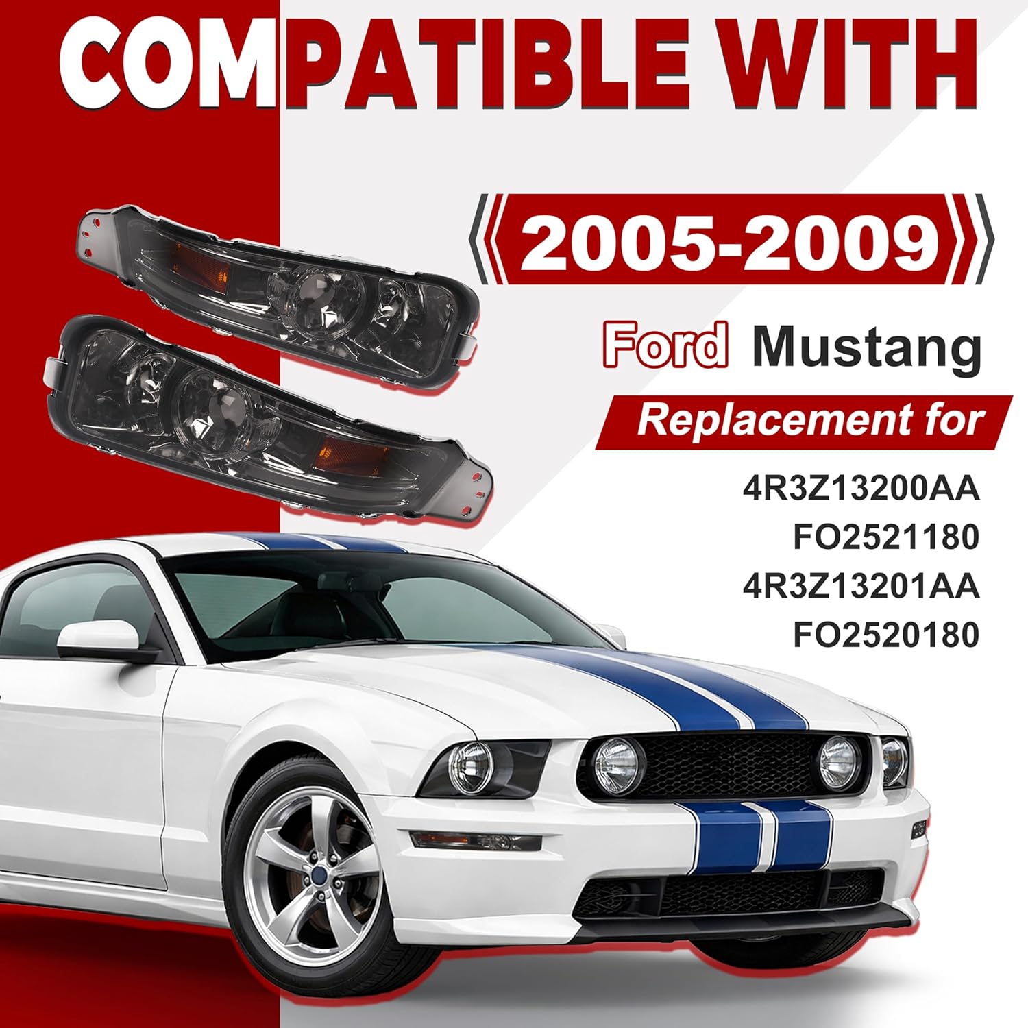 HECASA Pair Turn Signal Lights Compatible with 2005-2009 Ford Mustang Replacement for FO2521180 FO2520180 Front Bumper Lights Side Marker Lamps Plastic Left & Right Side Smoke Lens Chrome Housing