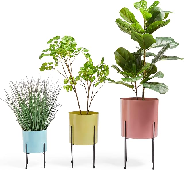 Beautify BTFY Pastel Planters, Set of 3 Contemporary Brushed Metal Plant Pots, Indoor & Outdoor Planters w/Metal Legs, Drainage Hole & Rubber Feet Pads, Red, Blue & Yellow Plant Pots of Varying Sizes