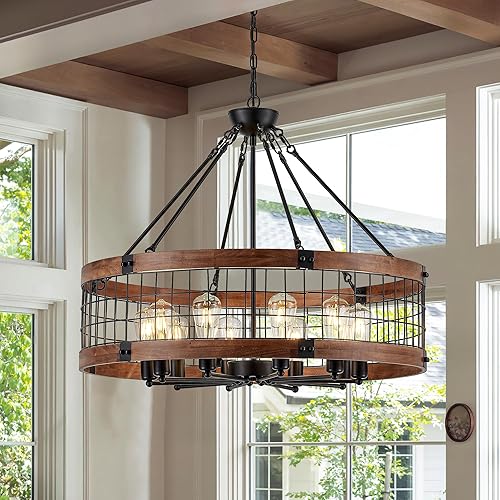 Miniatura 17 de Lámpara colgante de tambor de granja de 4 luces, 12.6 pulgadas, textura de madera natural, candelabros rústicos vintage, lámparas colgantes 12.6in-4