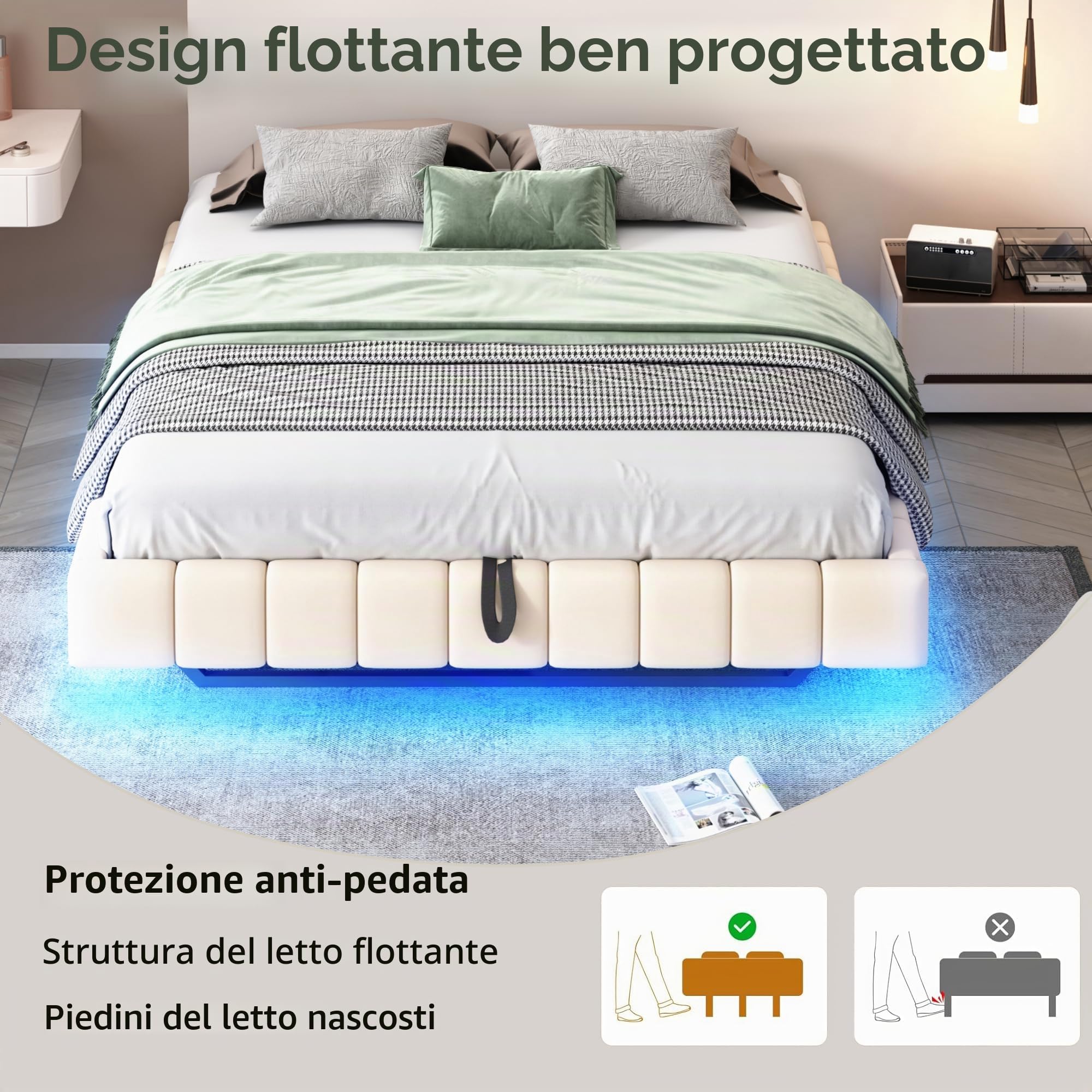 Letto matrimoniale imbottito, 160 x 200 cm, letto a molle con cassetta, con illuminazione a LED, telaio del letto con spazio di archiviazione, telaio del letto senza testiera, senza materasso