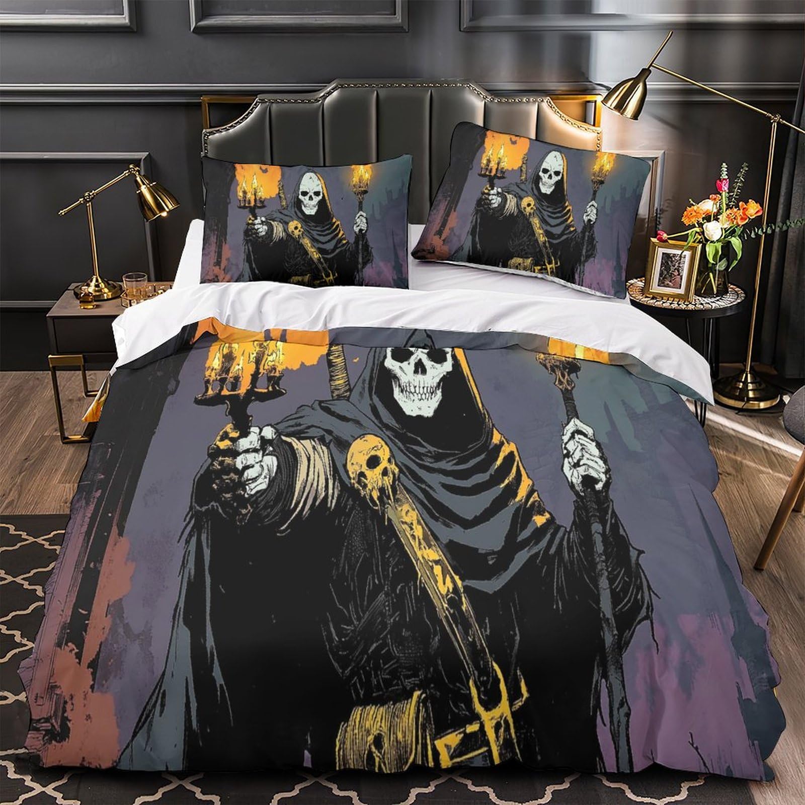 Housse de couette Mort 3D microfibre 260x220cm gothique avec 2 taies d'oreiller