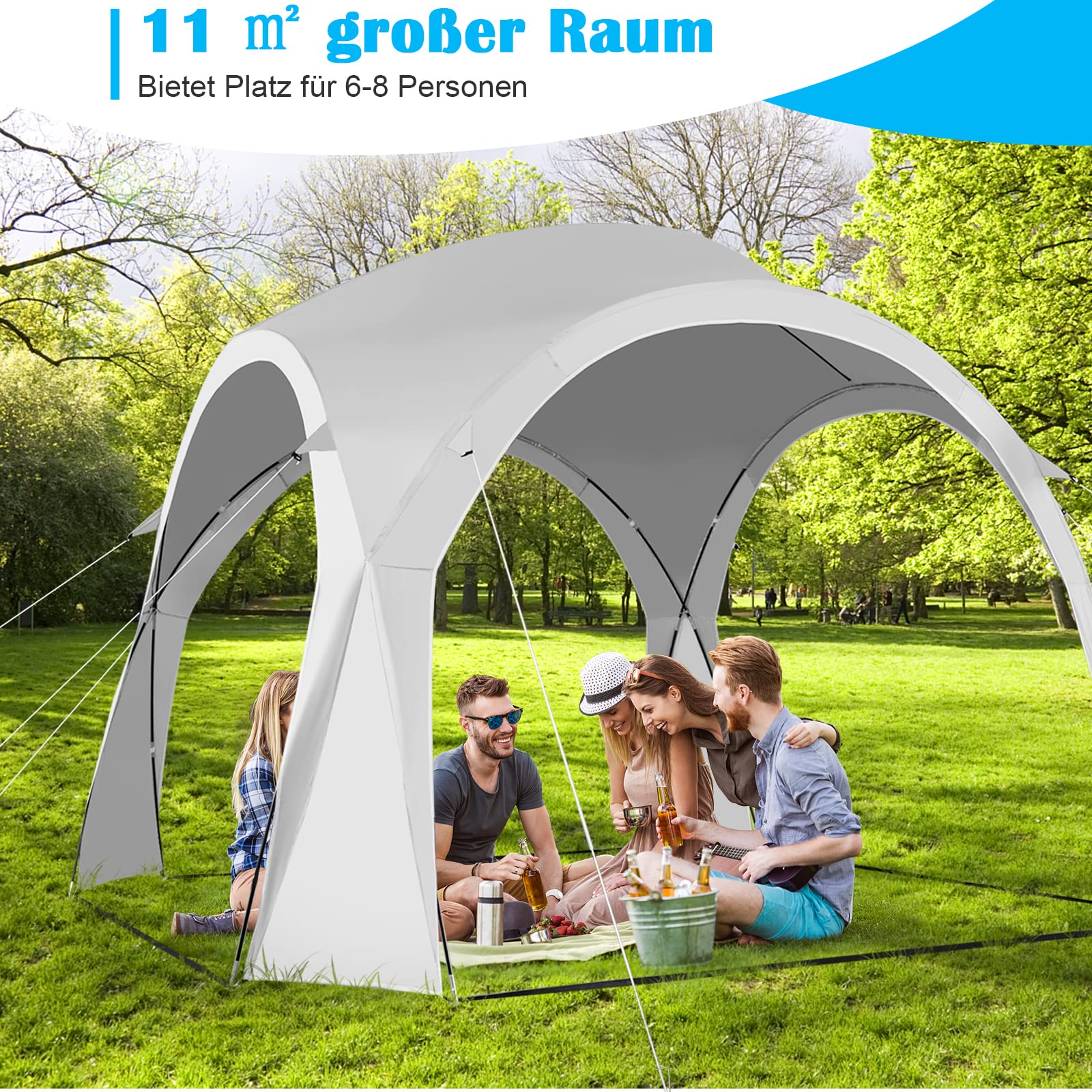 GOPLUS 327 cm x 327 cm namiot chroniący przed słońcem, przenośny namiot plażowy z ochroną UPF 50+, torba do przenoszenia, 16 słupków, 8 linek przeciwwiatrowych, łatwy w montażu baldachim na świeżym powietrzu, na kemping, wędkowanie, piknik, biały