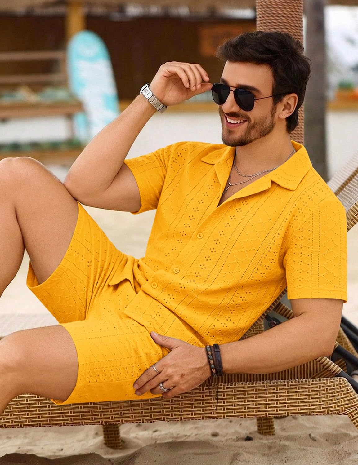 LecGee Men's 2 Piece Short Set Summer Beach Outfits Hollow Out Casual Button Down Shirt and Shorts Vacation Sets image 4