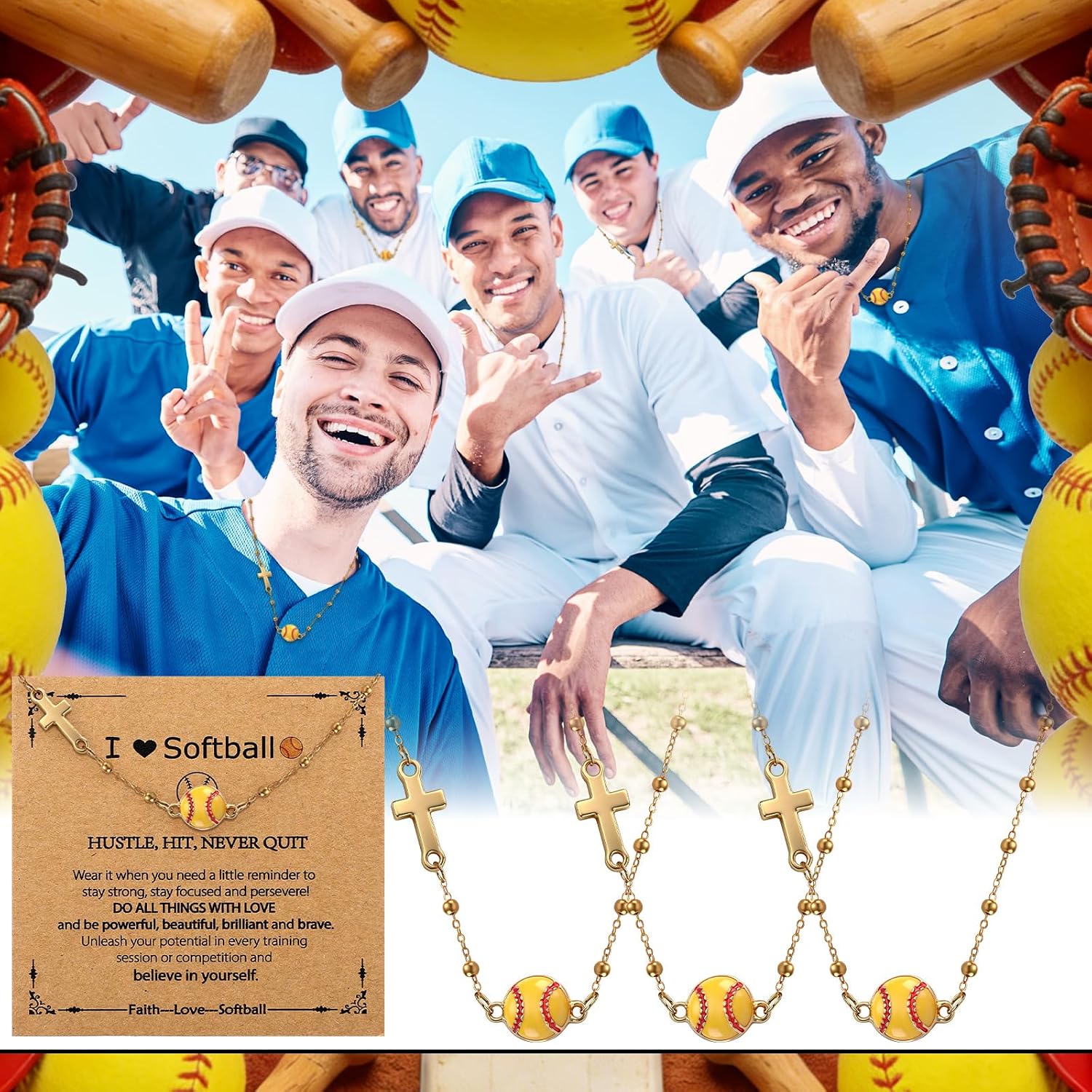 Tondiamo 12 Sets Football/Softball/Volleyball/Soccer/Tennis/Basketball/Dink Ball Cross Necklace for Women Trendy Sports Accessories Jewelry Valentine Graduation Pendant Team Gifts(Softball)