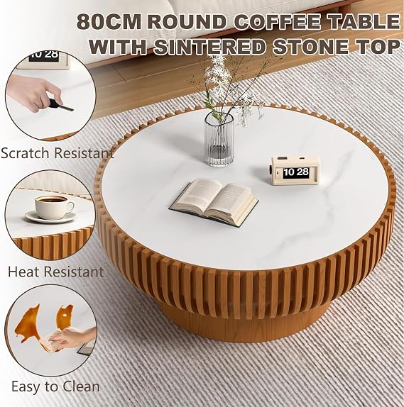 80cm Round Fluted Coffee Table for Living Room, Sintered Stone Top