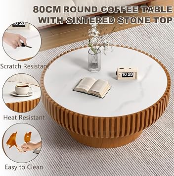 80cm Round Fluted Coffee Table for Living Room, Sintered Stone Top