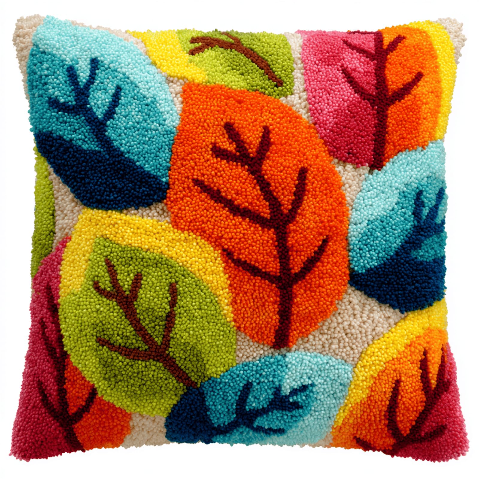 Taxpy Latch Hook Cushion Kit for Adults,Colorful Leaves,17x17in DIY Pillow Cover Craft Kit with Pre-Printed Canvas,Yarn & Hook Tool,Beginner Friendly Needlework Craft for Home Decor & Gifts