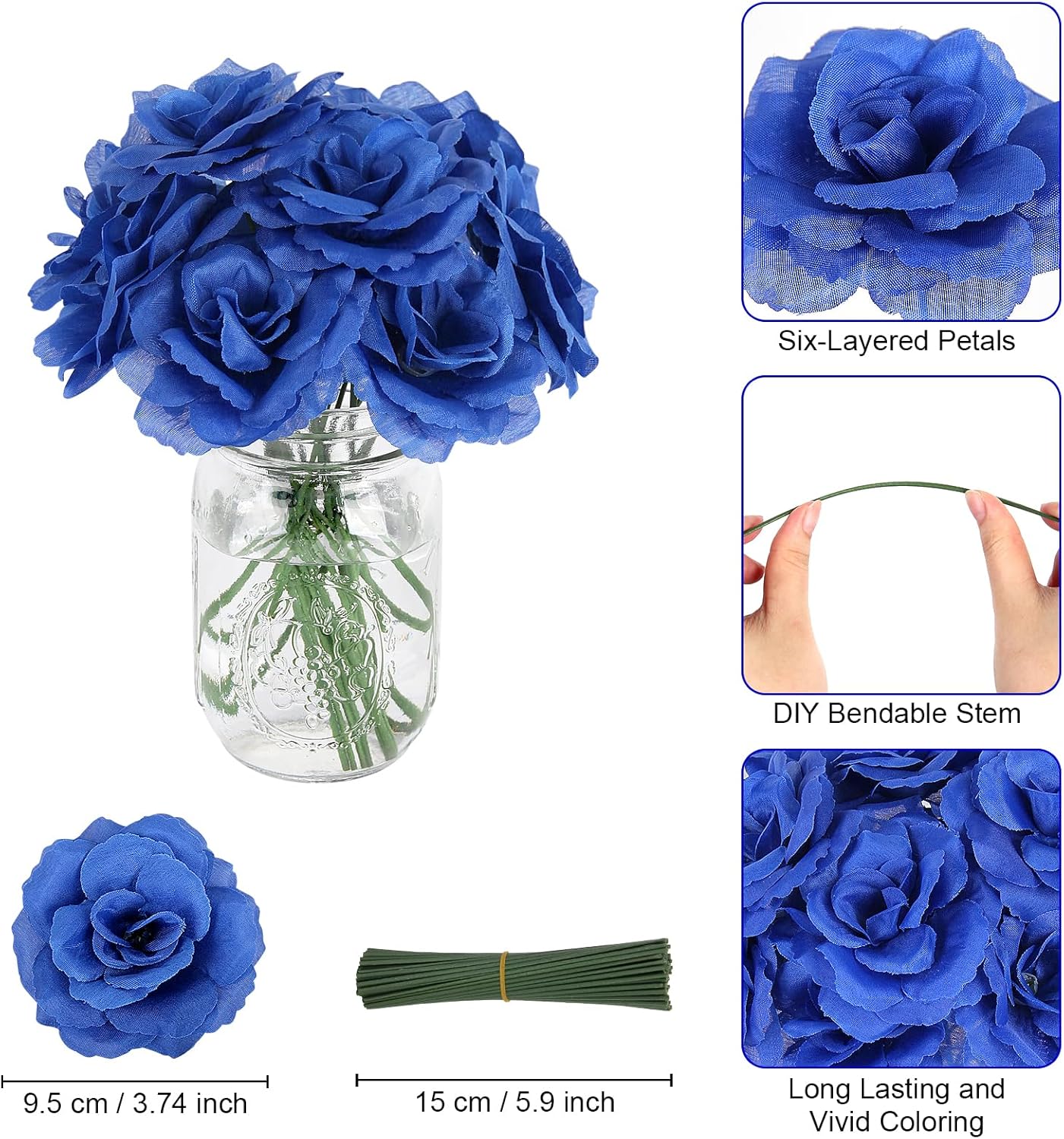 LELEE 108pcs Roses Head Flowers with Stem - Royal Blue Artificial Flowers Rose Bulk - Silk Rose Fake Flower for Wedding Bouquet Party Home Decor DIY Baby Shower Centerpieces Tables Decoration