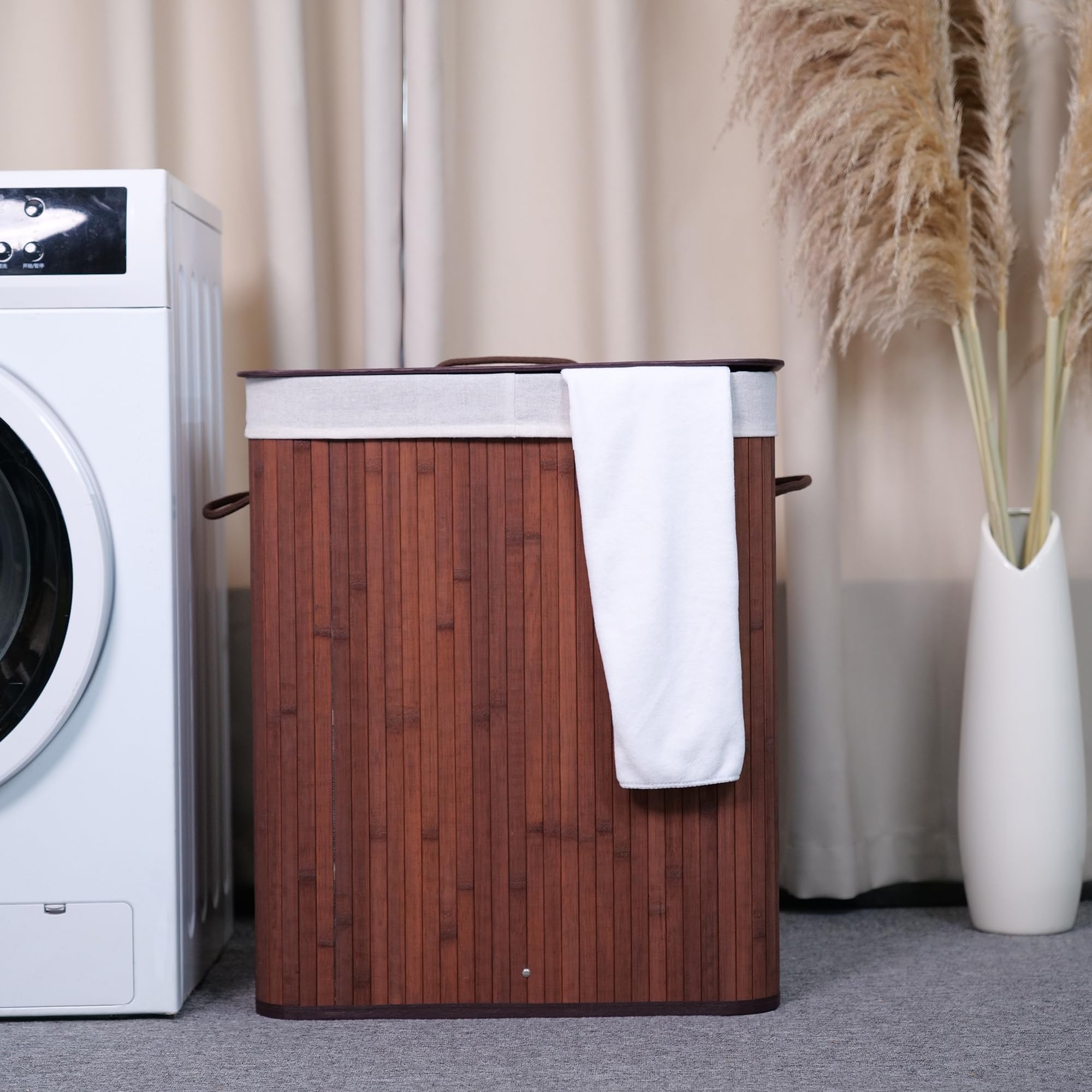 106L Laundry Basket, Bamboo Laundry Hamper with 2-Compartment Categorized Inner Liner, Large Foldable Washing Basket with Removable Lid, for Bedroom, Bathroom