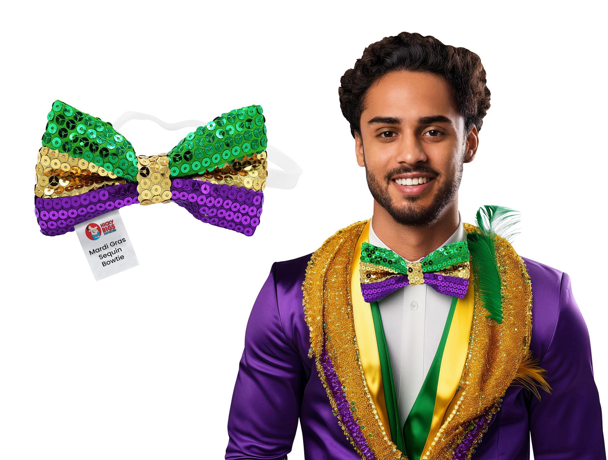 Nicky Bigs Novelties Mardi Gras Bowtie - Purple Green Gold Sequin Jazz Bow Ties Parade Dancer Costume Accessory