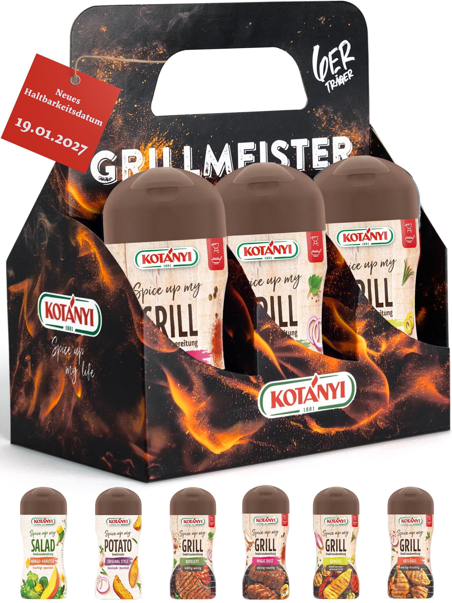 KOTÁNYI Grill Gewürze Geschenkset - 6er Träger - Geschenke für Männer - Grillzubehör & Gewürz Set für jedes BBQ - Grill Zubehör inkl. Magic Dust - [Jetzt Geburtstagsgeschenk für Männer bestellen!]