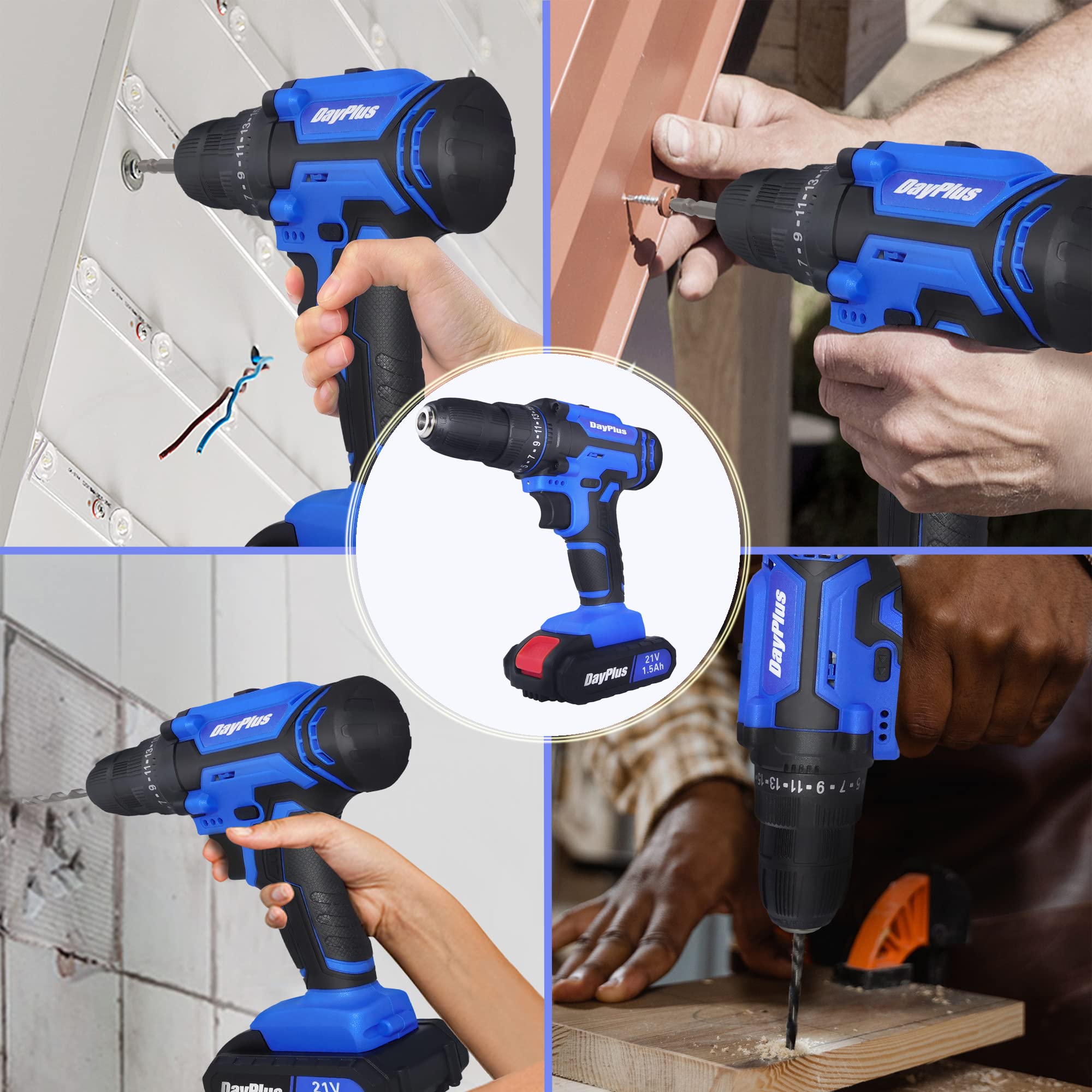 Trapano avvitatore elettrico a batteria da 21 V con mandrino autoserrante da 3/8" 388 "-lb Coppia 2 velocità variabili 25+1 frizione regolabile 26 pezzi accessori con 2 batterie e caricabatterie