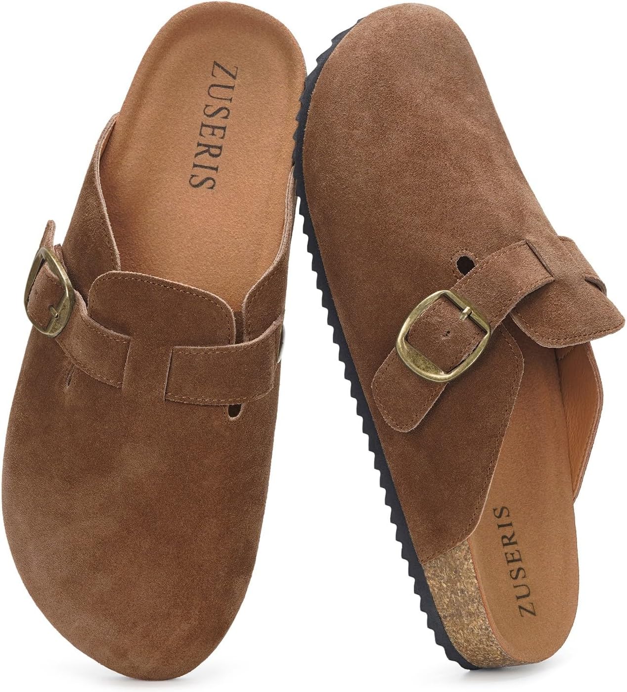 ZUSERIS Women's Men's Suede Clogs Wide Width Leather Mules Cork Footbed Sandals Slip on Comfort Potato Shoes with Arch Support