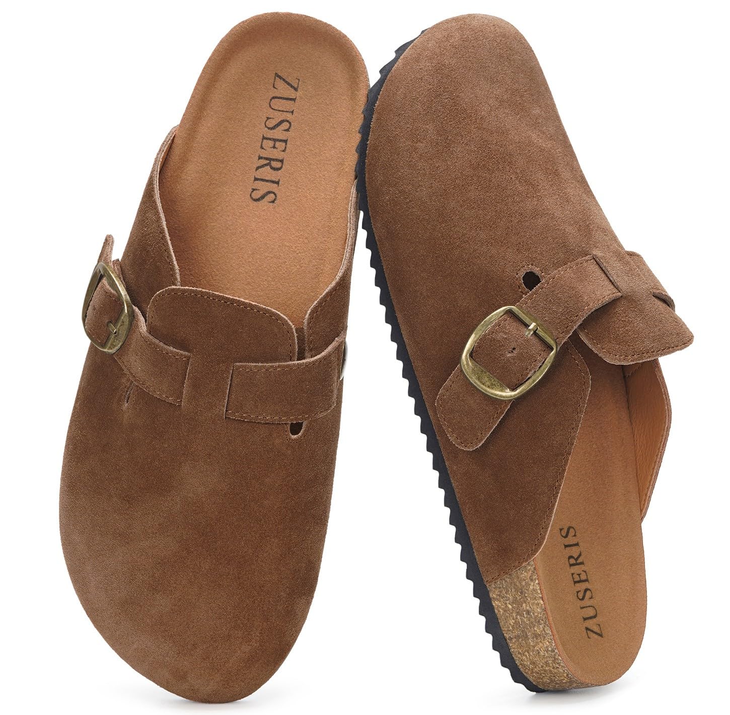 ZUSERIS Women's Men's Suede Clogs Wide Width Leather Mules Cork Footbed Sandals Slip on Comfort Potato Shoes with Arch Support