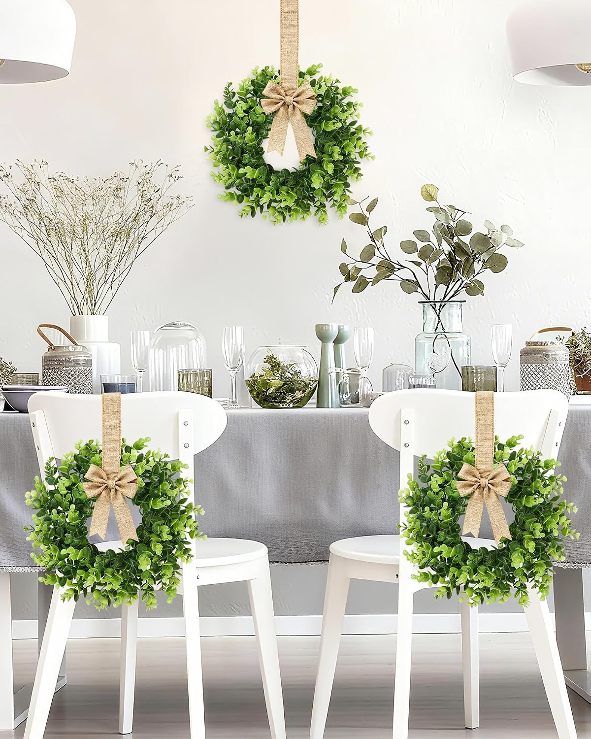 Vlorart 2Pcs Small Boxwood Wreath for Front Door, 12 Inch Wreath with Green Bows Boxwood Wreaths Weatherproof, Spring Summer Mini Wreaths for Cabinets, Candle Garland for Table Window Indoor Outdoor