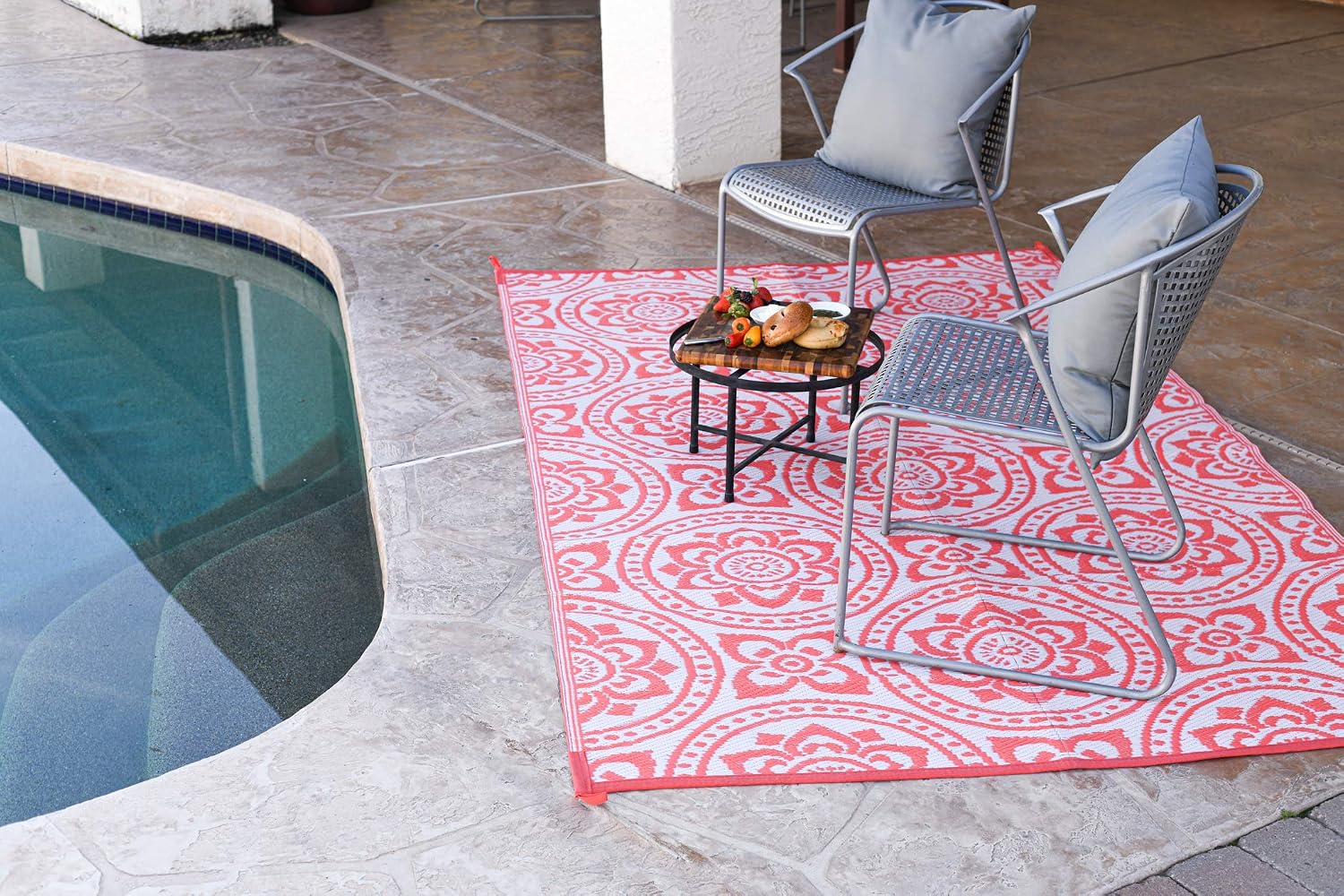Stylish Camping 258105 8-feet by 10-feet Reversible Mat, Plastic Straw Rug, Large Floor Mat for Outdoors, RV, Patio, Backyard, Picnic, Beach, Camping - Boho Mat (Coral/White)