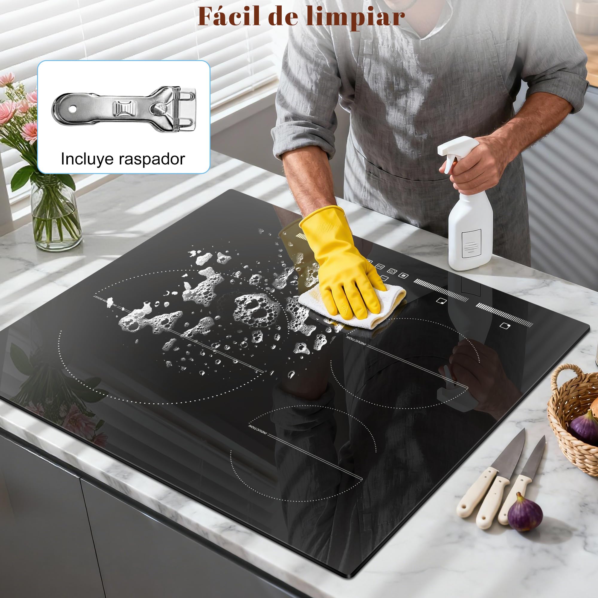 Placa de Inducción 3 Fuegos, Cocina de Inducción Empotrable, 60 cm, 6500W | Control Táctil, Seguridad Infantil, Potenciador, 9 Niveles de Calor, Temporizador