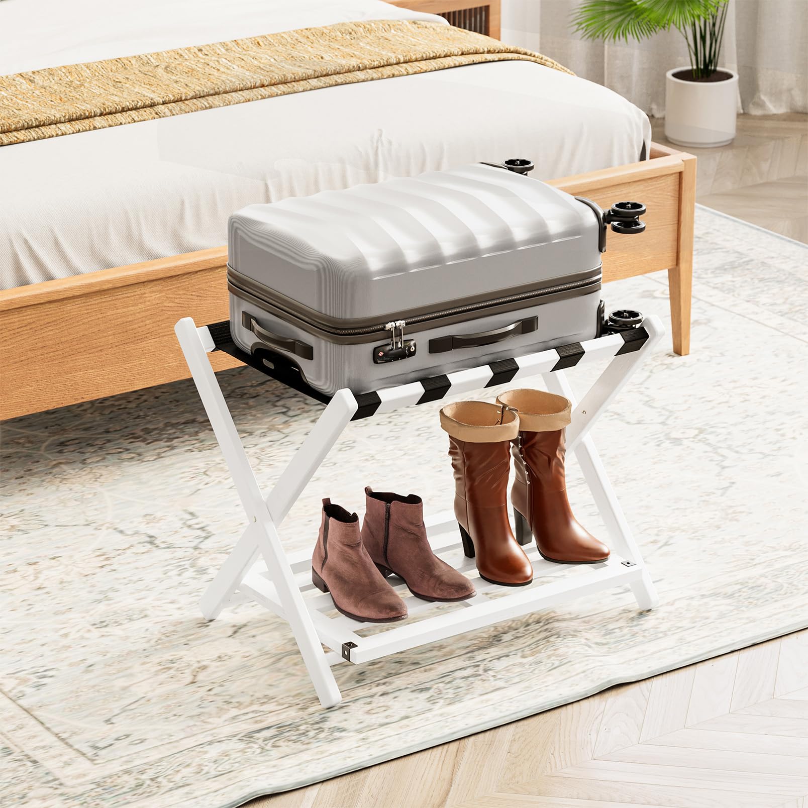Photo 1 of SpaceAid Fully Assembled Luggage Rack 1 Pack, Bamboo Foldable Suitcase Stand for Guest Room, Heavy Duty Folding Luggage Holder with Storage Shelf for Bedroom and Hotel, White
