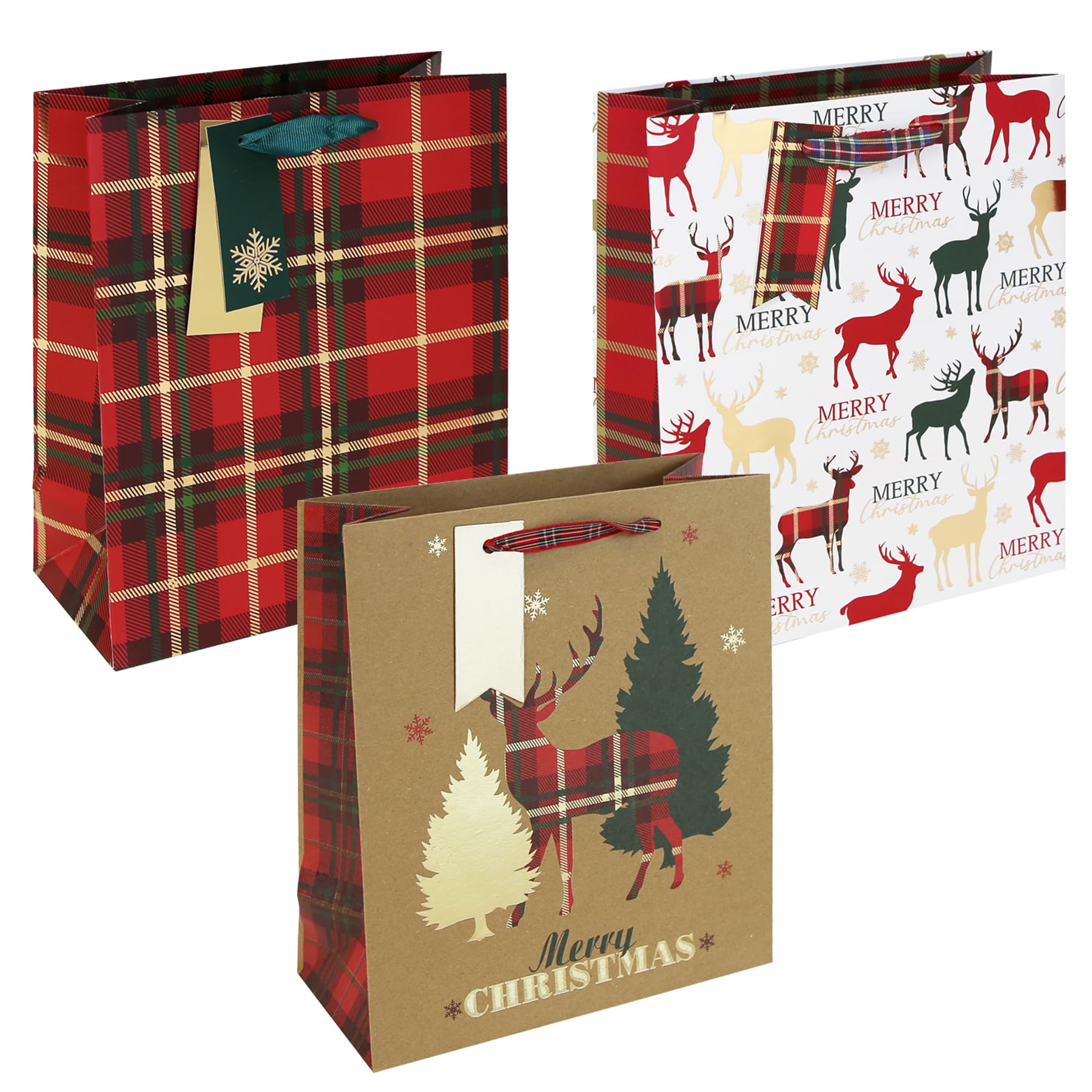 Christmas Design Gift Bag with Matching Gift Tag and Ribbon Handles 25.5cm x 21.5cm x 10cm (Set of 3 Tartan Designs)