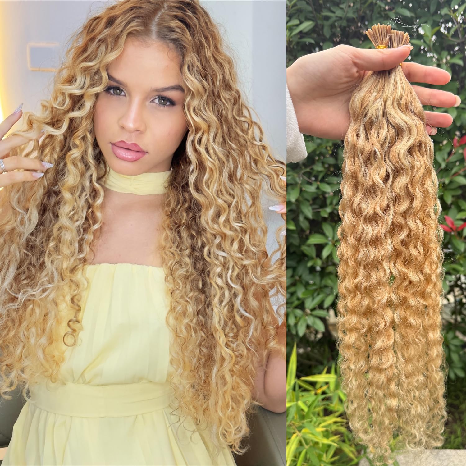 Water Wave I Tip Hair Extensions Human Hair Curly Brown to Blonde Keratin Cold Fusion Itip Flawless Microlinks Invisible Blends Naturally No-tangle Pre Bonded Keratin Stick In 50G 100Strands 16Inch