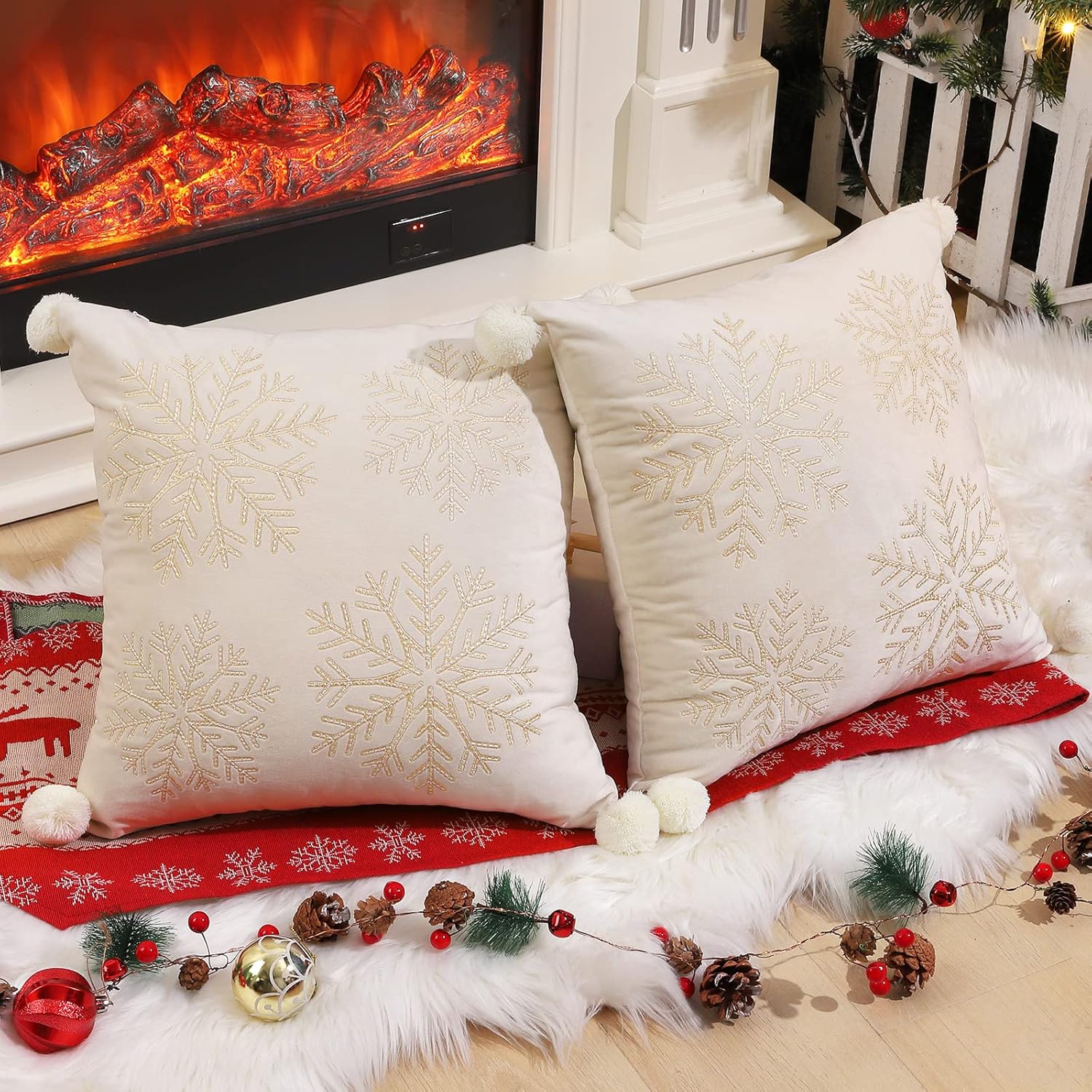 Lewondr Christmas Throw Pillow Covers, Snowflake Embroidery 20x20 Pillowcases Home Xmas Gold Decorative 2 Pack Cushion Covers Soft for Sofa Bed Chair, White&Yellow