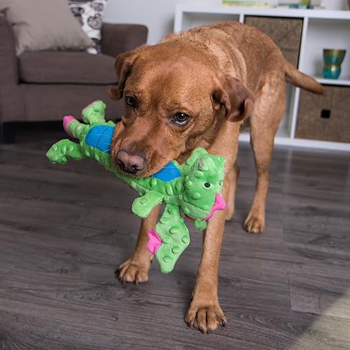 Vista 7 de goDog Bubble Plush Skinny Dragons - Juguete chirriante de peluche para perro, tecnología Chew Guard, verde, grande