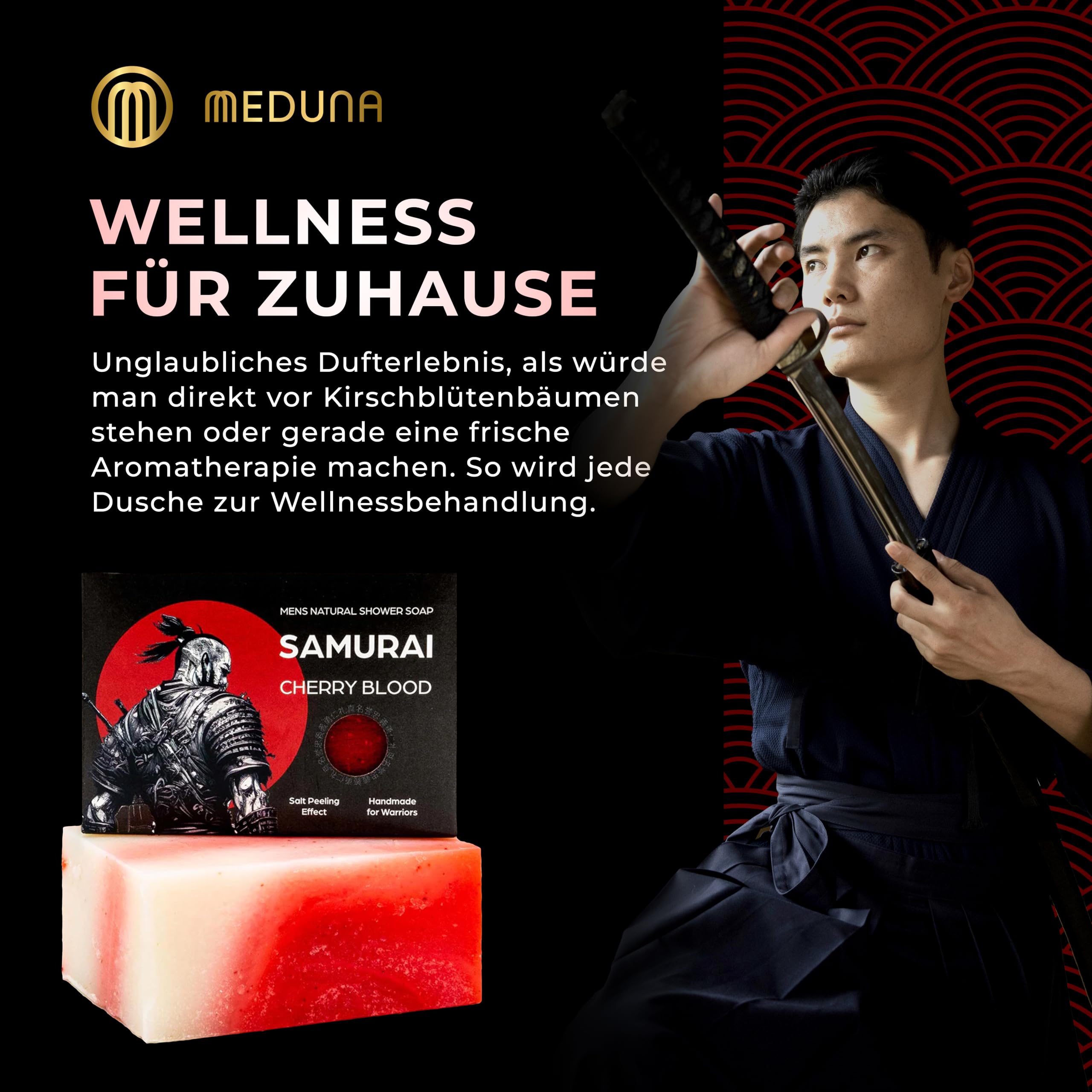 MEDUNA Samurai Cherry Blood 5er Pack Peeling-Seife Männer Mens Natural Shower Soap, Naturkosmetik, Naturseife, 100g, keine chemischen Zusätze, vegan, tierversuchsfrei