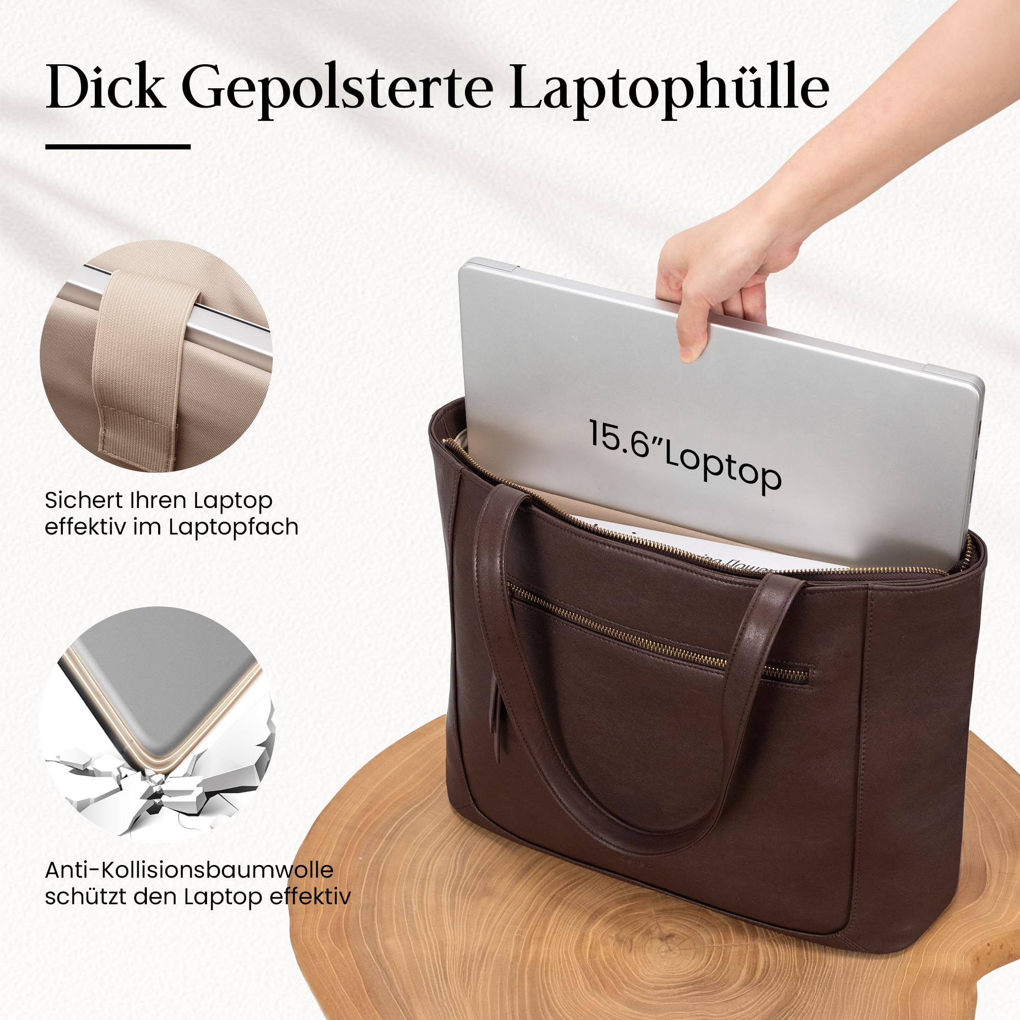 befen Echtleder Shopper Tasche Damen Handtasche Groß, 15,6 Zoll Laptoptasche Damen Leder Tache Tote Bag Lehrertasche mit Reißverschluss, Schultertasche für Business Büro Schule