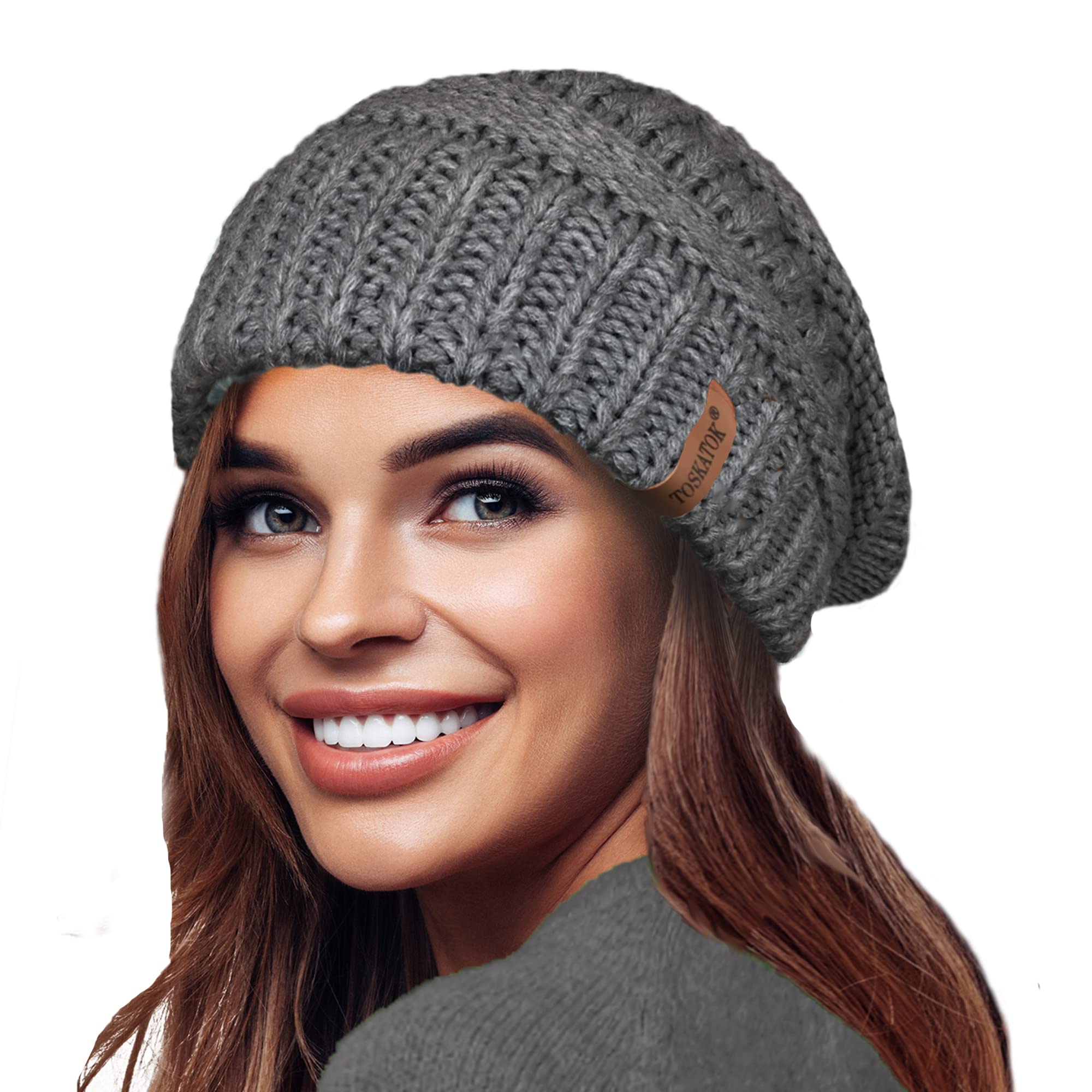 Toskatok Women's Charcoal Warm Slouch Knit Winter Beanie Hat With Supersoft Velour Thermal Lining Ski Cap