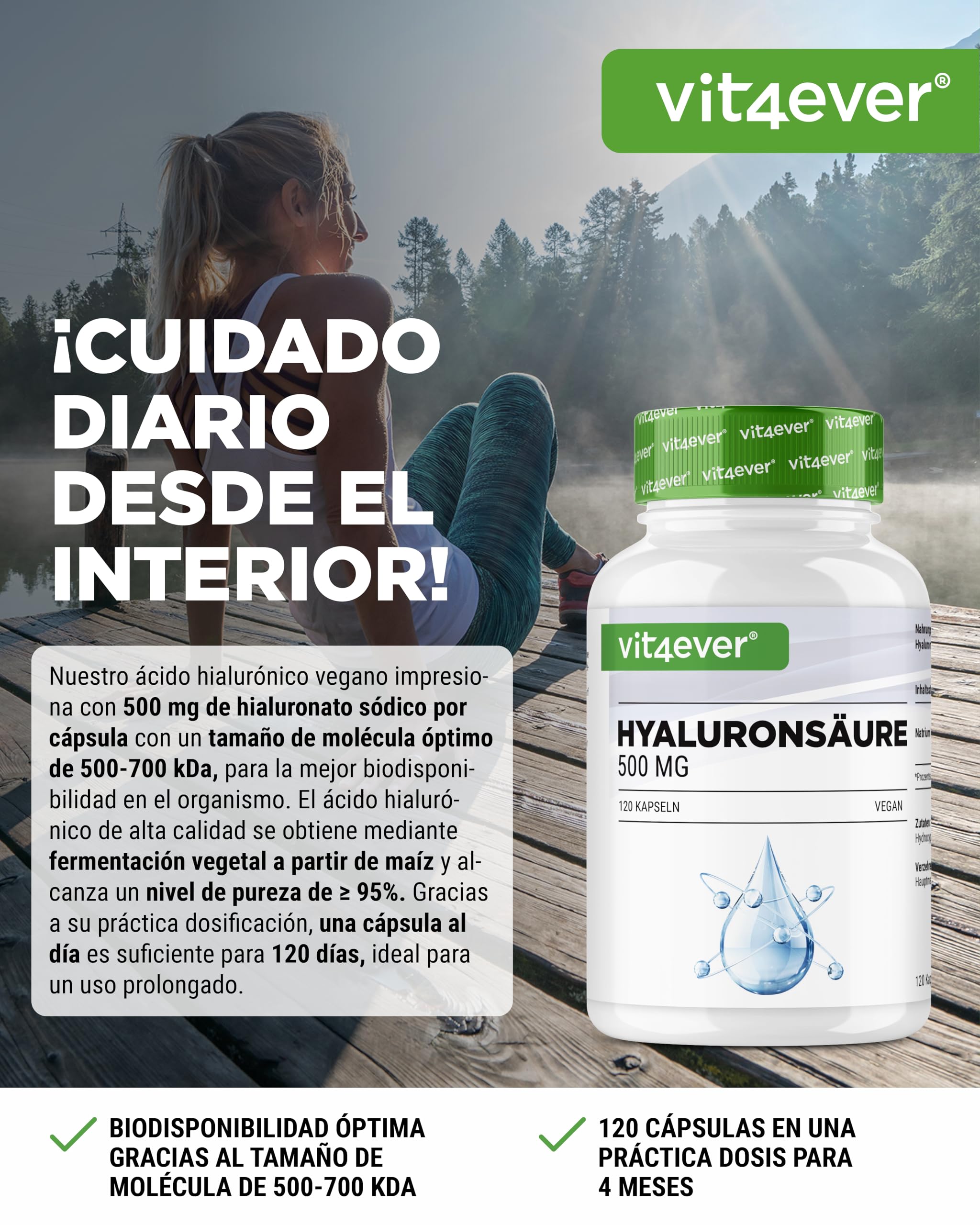 Ácido hialurónico - 120 cápsulas con 500 mg de hialurónico para 4 meses - 500-700 kDa - De fermentación vegetal - Sin aditivos indeseables, alta dosis, vegano