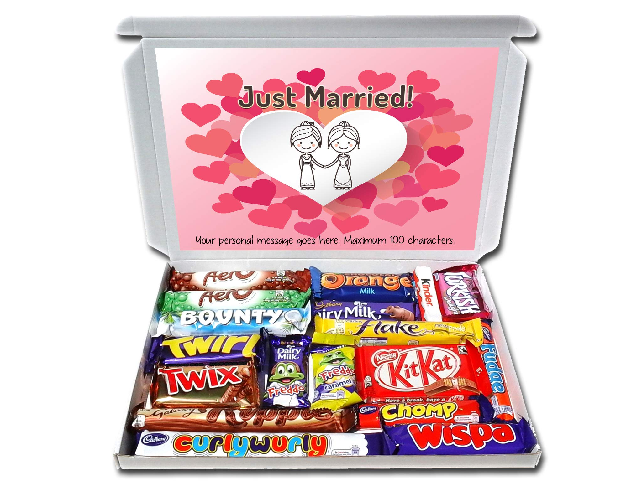 Personalised JUST Married Gift Hamper (Girl/Girl) Chocolate Selection Box Congratulations On Your Marriage Honeymoon Gift LGBT