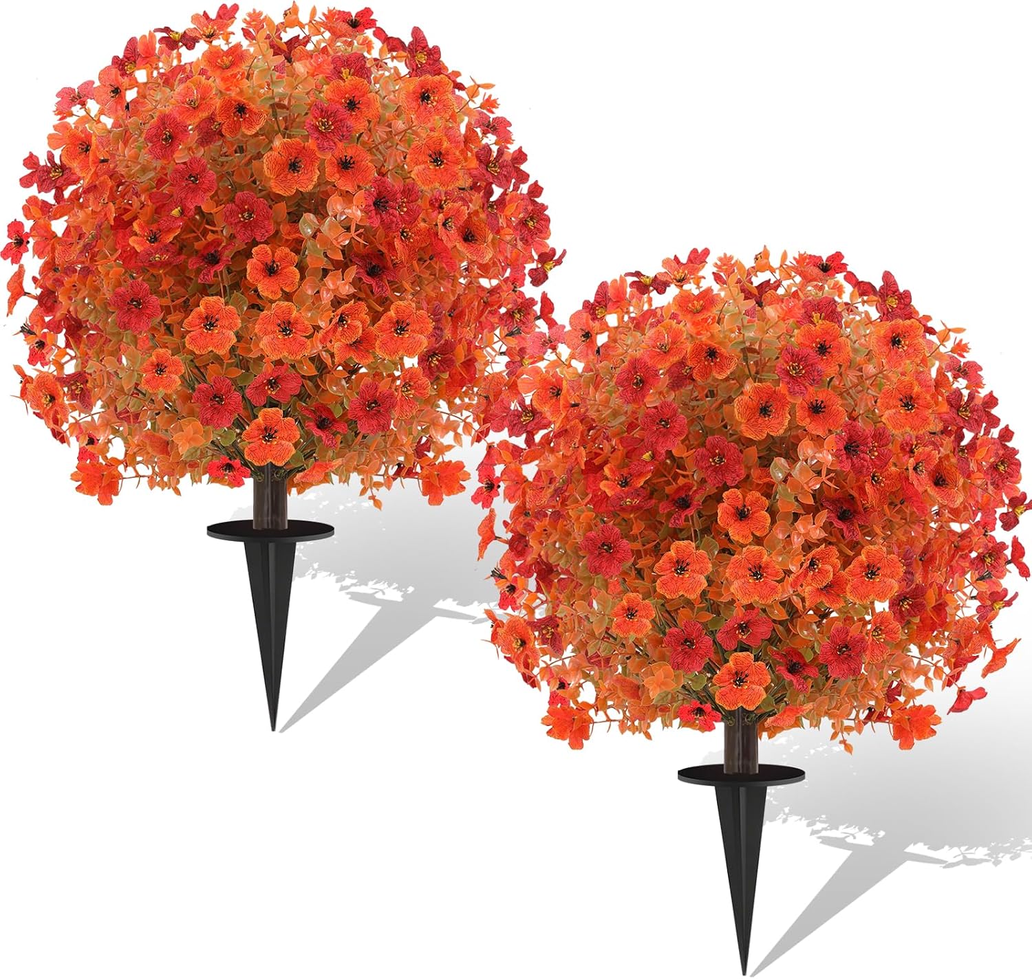 2 Pack Fall Artificial Topiary Bushes - 23" Boxwood Ball Trees with Mums, UV Resistant Faux Plants with Ground Spike for Outdoor, Fake Shrubs for Garden Porch Patio Autumn Thanksgiving Decor