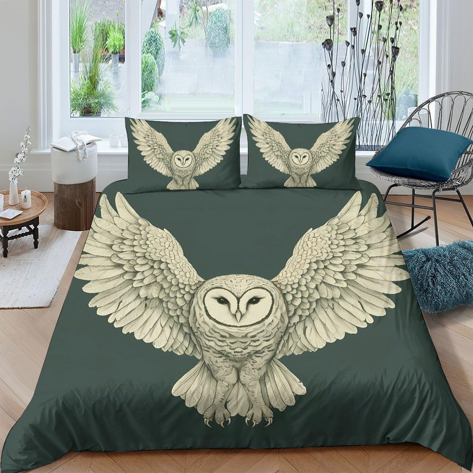 GPLZQXKJNH 3D Printed Owl Forest Duvet Cover Set Microfiber Soft Breathable Animal Bedding Set with 2 Pillowcases for Bedroom Decor Single（135x200cm）