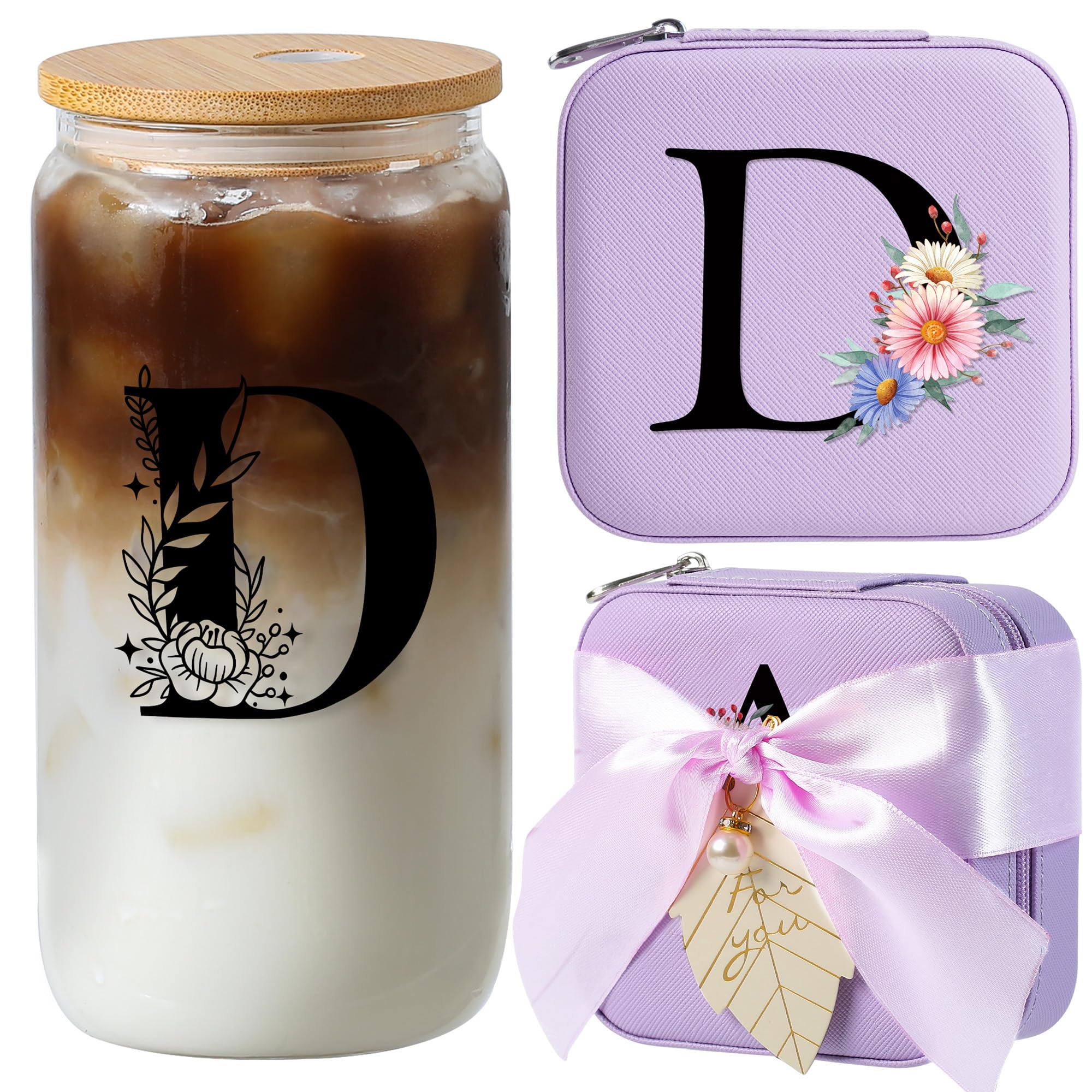 AYGXU Graduation Gifts for girls,teacher appreciation gifts for women,high school Graduation gifts for her,Small Jewelry Travel Case,16oz glass cups with lids and straws,Initial D purple