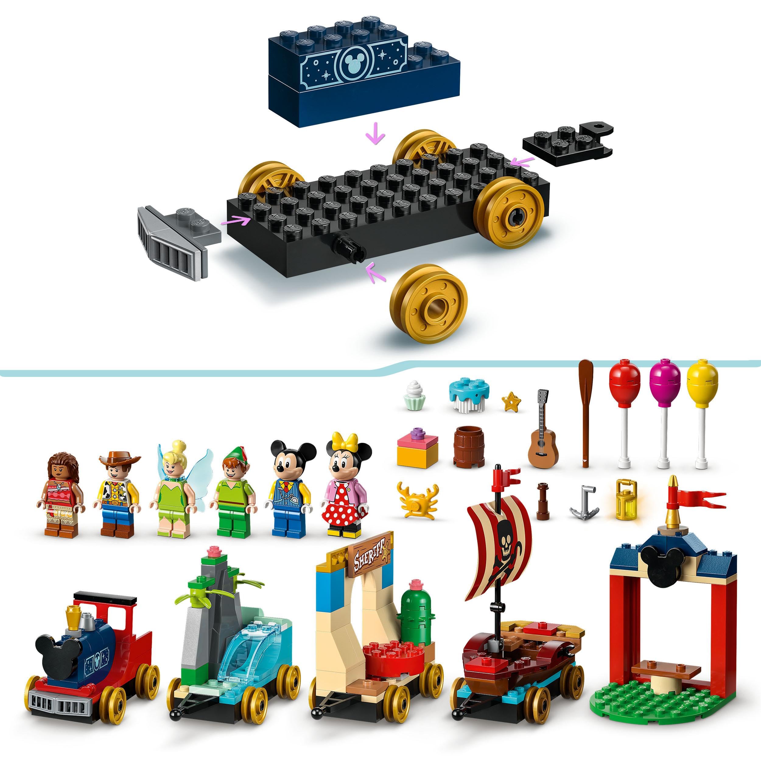 LEGO Disney Treno delle Celebrazioni Disney, Giochi per Bambini e Bambine da 4 anni, Giocattolo Serie 100° Anniversario con Carri di Vaiana, Woody, Peter Pan e Trilli più Topolino e Minnie 43212