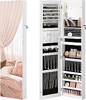SONGMICS 55" Lighted Mirror Jewelry Armoire, Lockable Wall/Door Mount Organizer with Full-Length Mirror, Cloud White UJJC032W01